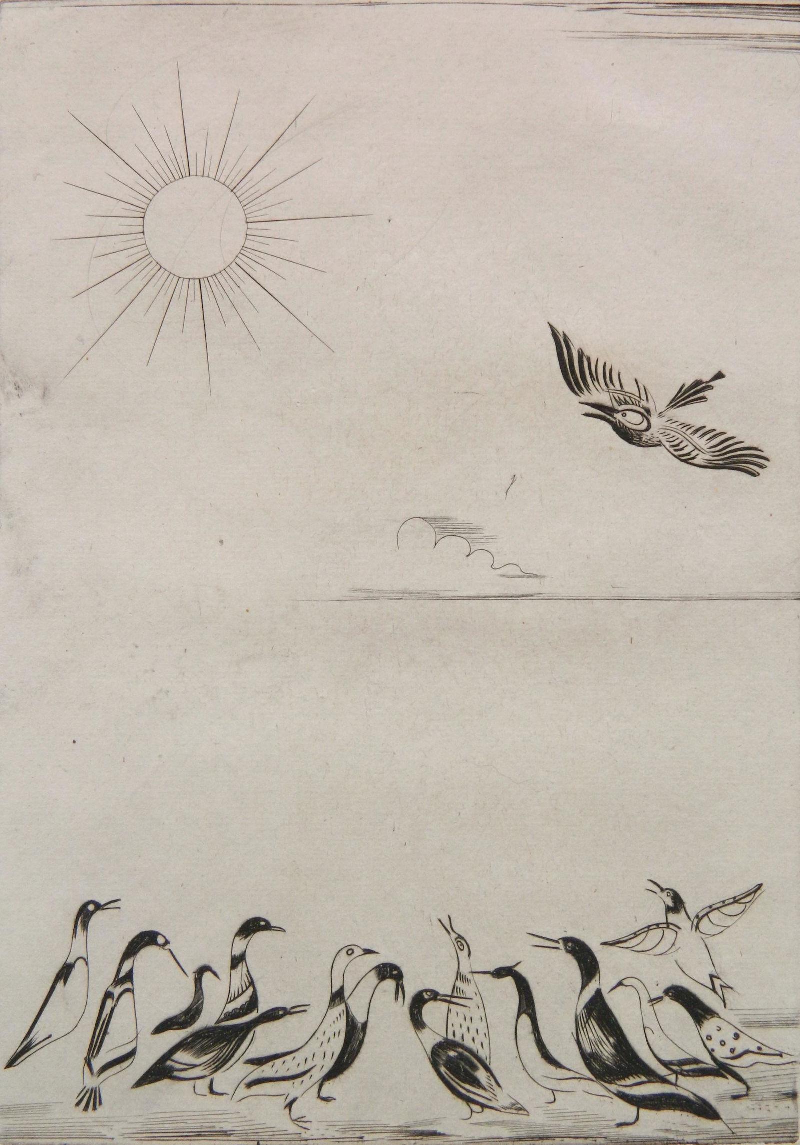 Joseph Hecht etching: Joseph Hecht (Polish 1891-1951)- ''Ducks and Sun''- etching,1933, signed and annotated 'etat 1=1' in pencil, very good condition. 12 x 8 1/2''