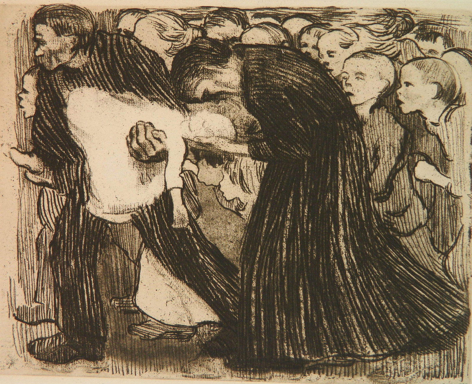 Kathe Kollwitz etching: Kathe Kollwitz (German 1867-1945)- ''Uberfahren (Klipstein 104 IV)- etching and softground, 1910, posthumous printing. 9 1/2 x 12 1/4''