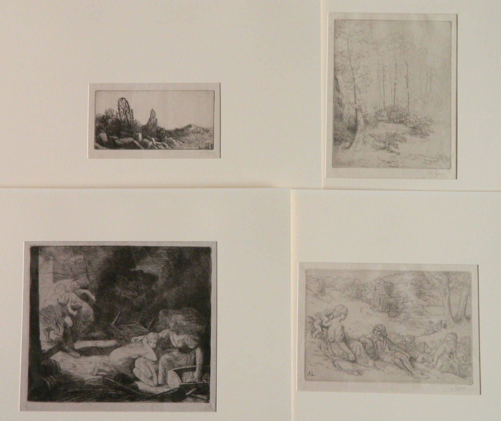 4 Alphonse Legros drypoints: Alphonse Legros (French 1837-1911)- 1). ''Les Vieilles Carrieres du Montrouge'' (Bliss 351)- drypoint, signed in pencil edition of 22. 3 1/2 x 7 1/8'' 2). ''L'Incendie No.. 2'' (Bliss 144 v/X)- drypoi