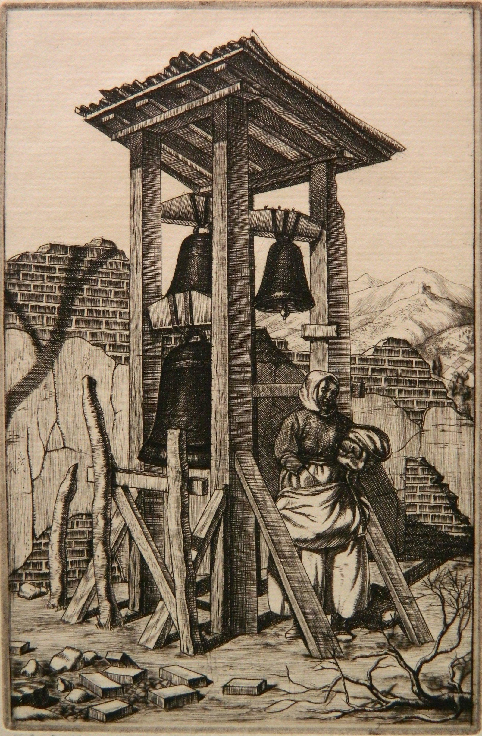 William E. C. Morgan engraving: William E. C. Morgan (British 1903-1979)- ''The Bells of Alba''- engraving, 1927, signed, dated, titled and numbered 30/50 in pencil, faint window from mat. 5 7/8 x 3 3/8''