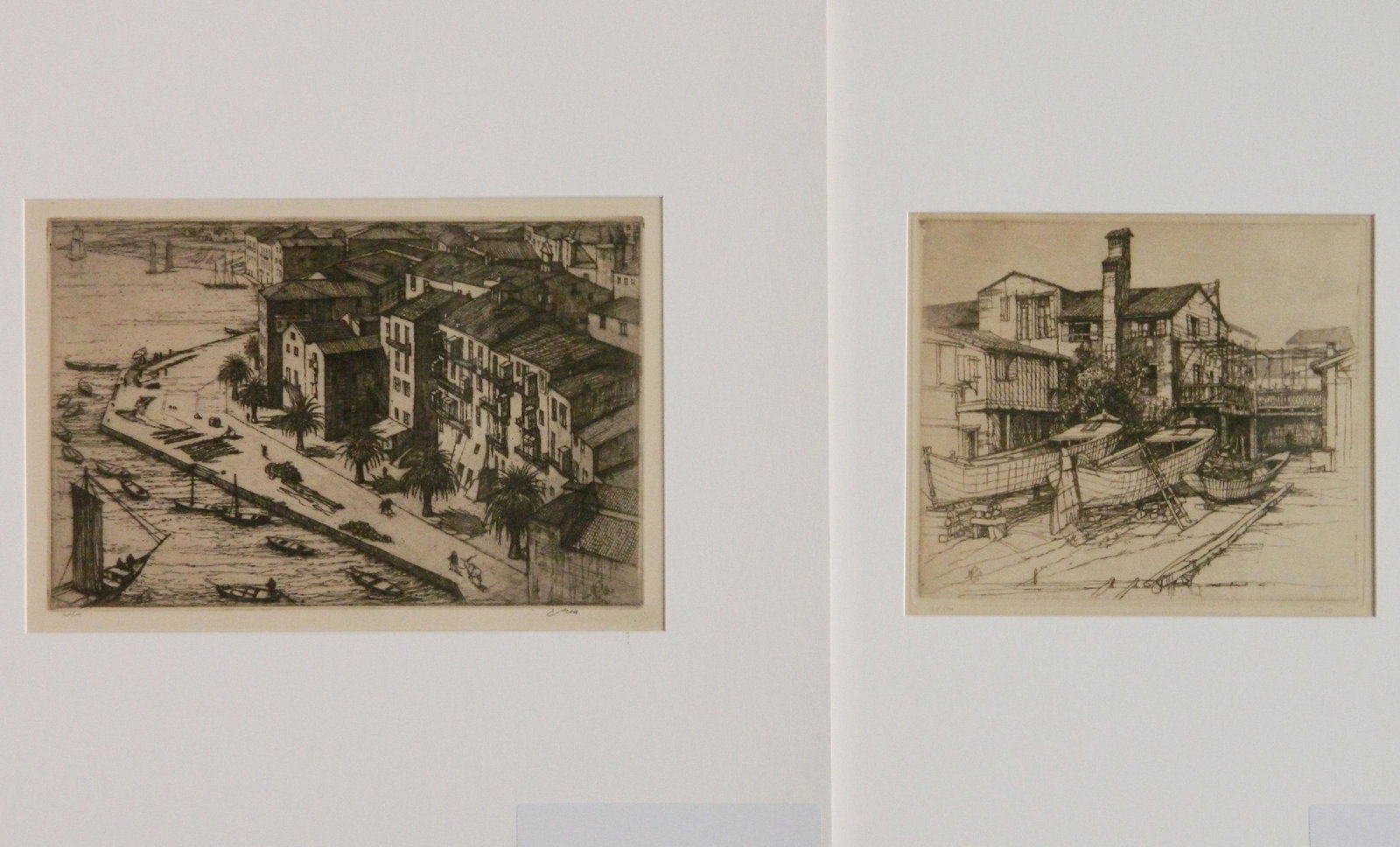 2 Eric G. Scott etchings: Eric G. Scott (Australian 1893- )- ''Fisherman's Hut, Venice'' & ''Calvi - Port''- 2 etchings, 1927, 1931, both signed and annotated 'ed 100' in pencil, minor mat burn. 6 1/4 x 7 1/4''; 6 3/8 x 9 3/4'