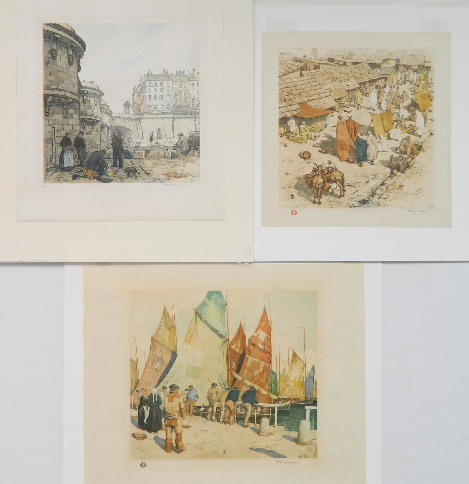 3 Tavik F. Simon etchings: Tavik F. Simon (Czechoslovakian 1877-1942)- 1). ''Fisherman in Concarneau, Brittany'' (Novak 192)- color soft ground and aquatint, 1912, signed in pencil, edition of 200, 12 3/4 x 14 3/8'' 2). ''Secon