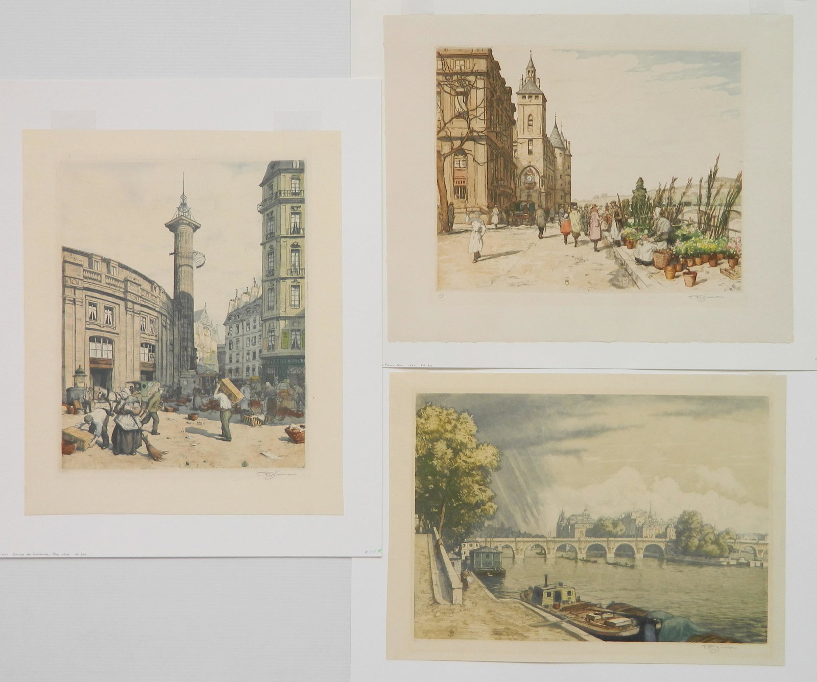 3 Tavik F. Simon etchings: Tavik F. Simon (Czechoslovakian 1877-1942)- 1). ''Quai aux Fleurs, Paris'' (Novak 371)- color soft ground and aquatint, 1922, signed in pencil, edition of 300. 12 1/2 x 15 3/8'' 2). ''Bourse du Commer