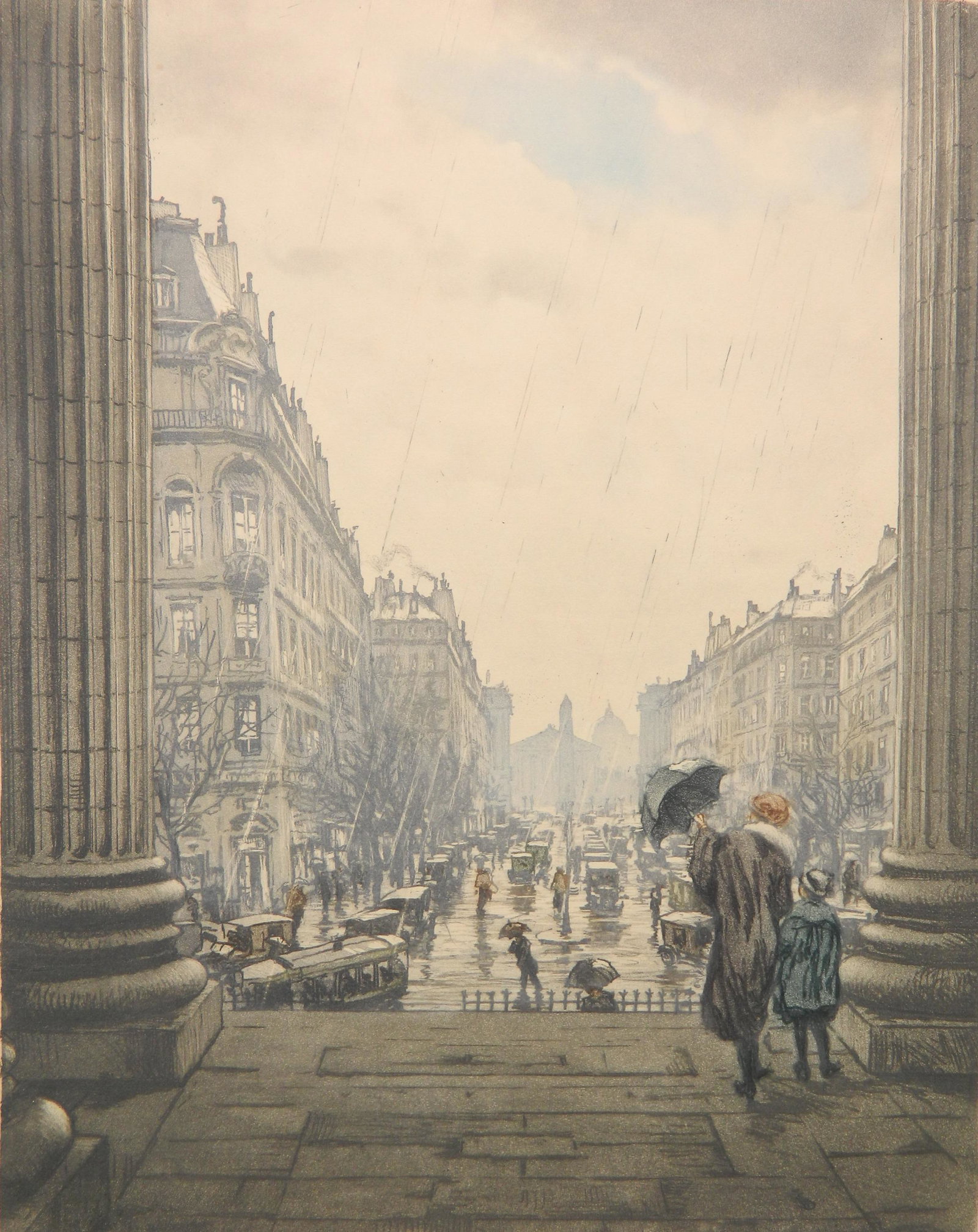 Tavik F. Simon aquatint: Tavik F. Simon (Czechoslovakian 1877-1942)- ''Rue Royale in the Rain, Paris'' (Novak 429)- color soft-ground and aquatint in color, 1925, signed in pencil, edition of 240, very good condition. 13 7/16