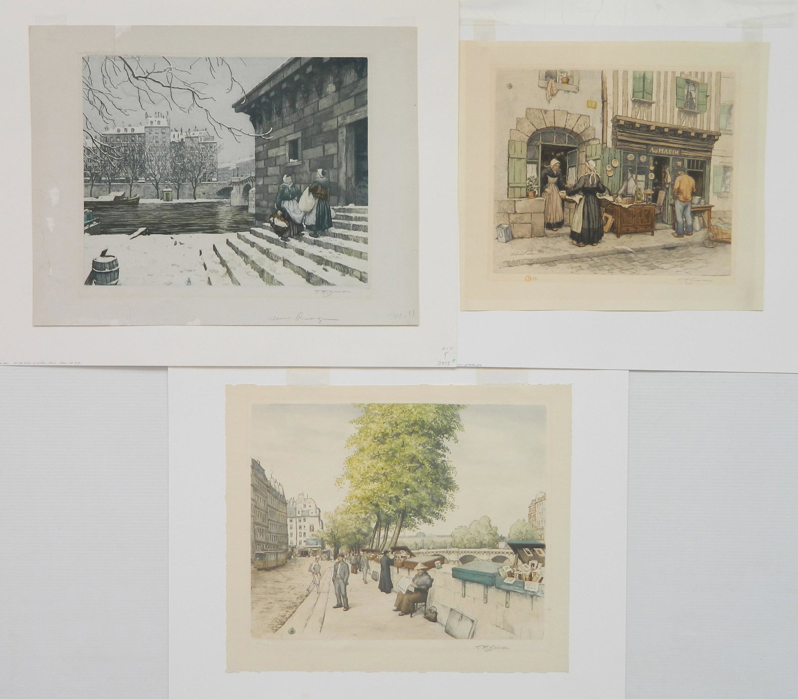 3 Tavikk F. simon etchings: Tavik F. Simon (Czechoslavakian 1877-1942)- 1). ''Bouquinistes on the Quai de Grads Augustins''- color soft ground and aquatint, ca. 1924-25, signed in pencil, edition of 350. 12 1/2 x 15 1/2'' 2). ''