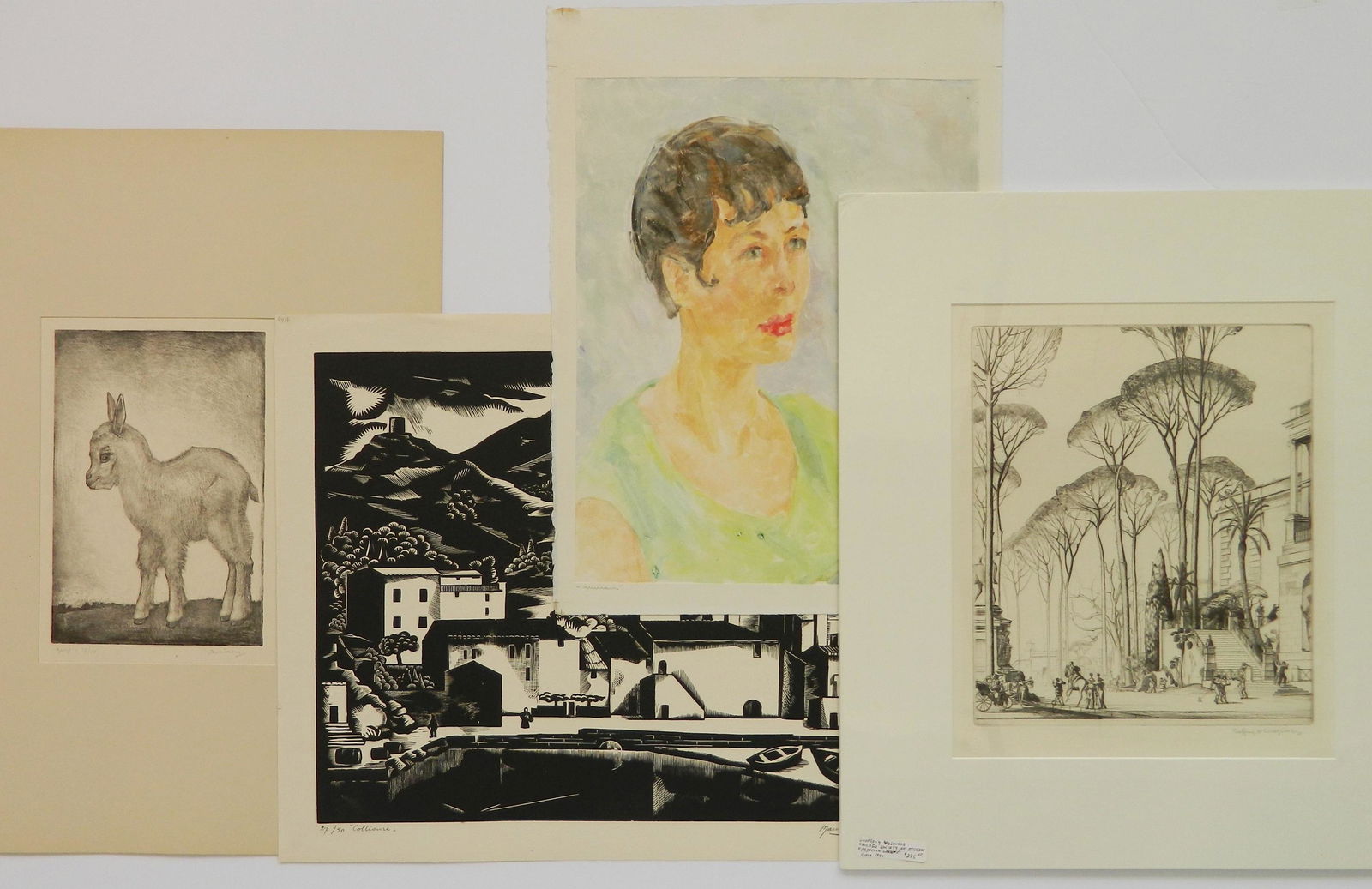 3 American and 1 British prints: 3 American 1 British prints 1). Mary Bornarth- ''Mirium''- monoprint in color, signed and titled in pencil. 2). Maurice Brocas- ''Collioure''- woodblock, signed, titled and numbered 37/50 in pencil. 3