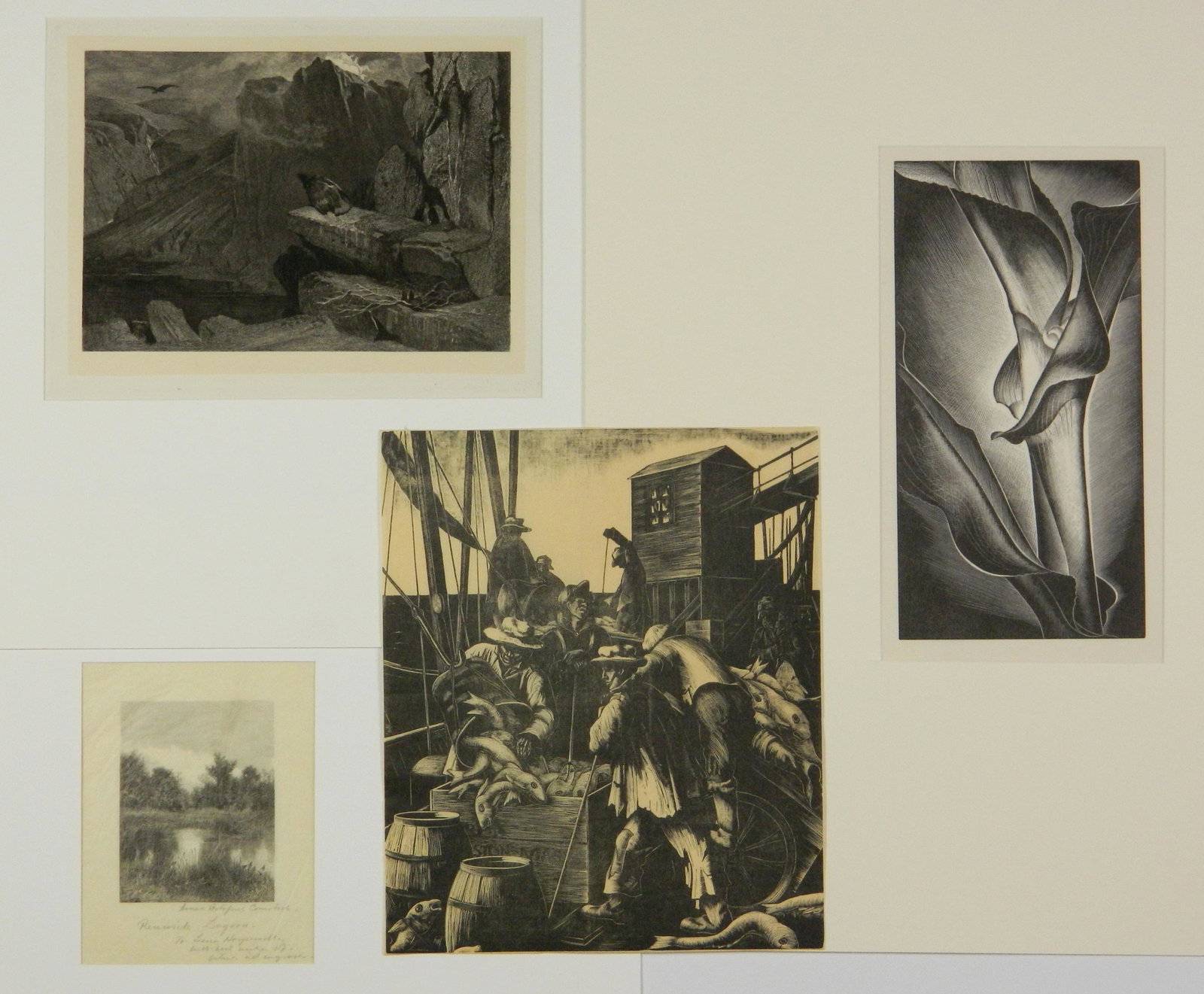 4 American prints: 4 American prints 1). Anna Botsford Comstock (1854-1930)- ''Renwick Lagoon''- wood engraving, signed in pencil. 3 5/8 x 2 1/4'' 2). Paul Landacre (1893-1963)- ''Growing Corn''- wood engraving (restrik