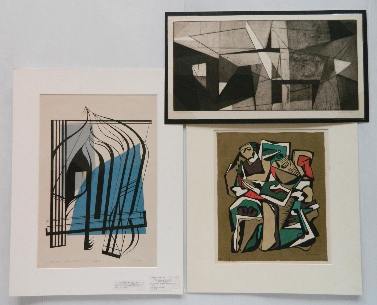 3 American prints: 3 American prints 1). John Paul Jones (1924-1999)- Untitled- etching, signed and numbered 18/25 in pencil. 8 7/8 x 17 7/8'' 2 & 3). Edward Landon (1911-1984)- ''Arrangement in Blue Major'' & ''Figures