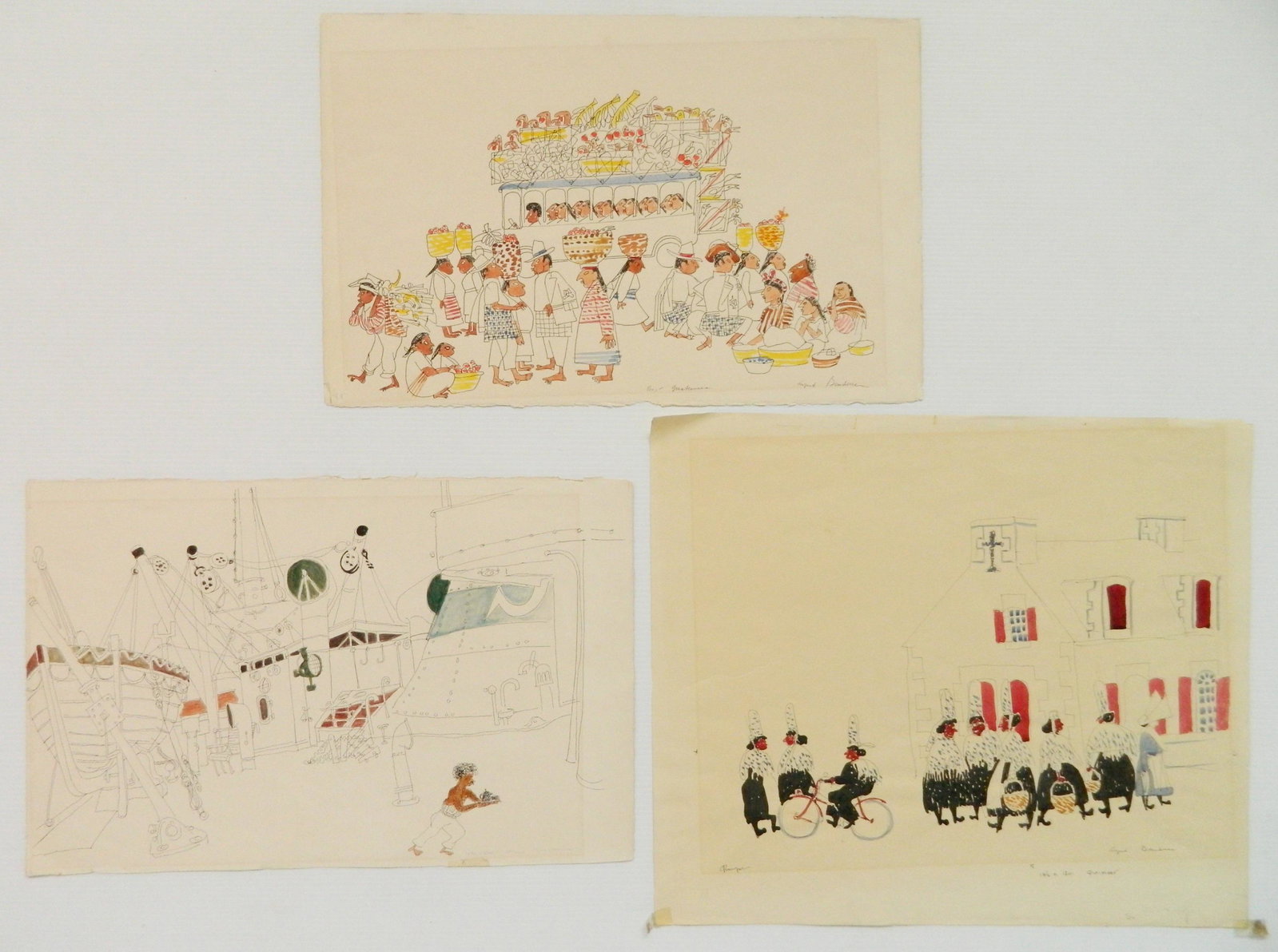 3 Alfred Bendiner watercolor, pen and innk: Alfred Bendiner (American 1899-1964)- ''Bus Guatemala''; ''Jytte Skou'' & ''Quimper''- 3 watercolor and pen and ink, ca. 1960's, all signed in pen, all titled and estate stamped verso, some minor stai