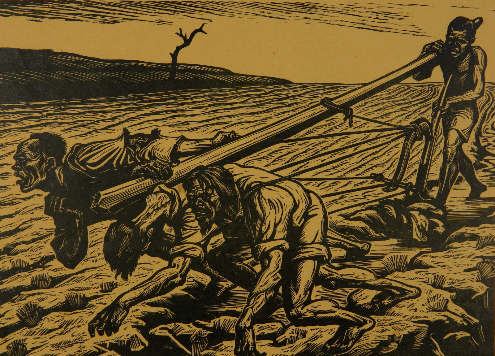 Leopold Mendez woocut: Leopoldo Mendez (Mexican 1902-1969)- ''Plowing the Field''- woodcut, paper age-toned and some minor water spots and foxing. 7 1/2 x 10 1/2''