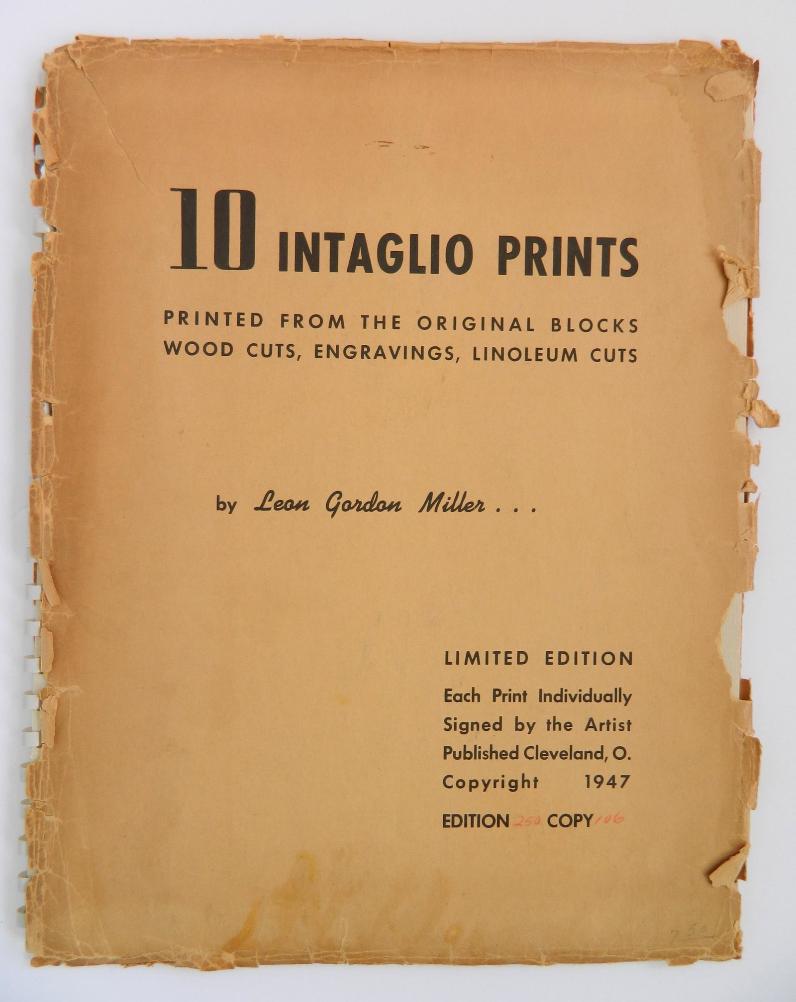 Leon Gordon Miller portfolio: Leon Gordon Miller- ''10 Intaglio Prints''- printed from the original blocks; wood cuts, engravings, linoleum cuts, each print is signed, numbered and titled in pencil, covered is soiled and worn, pri
