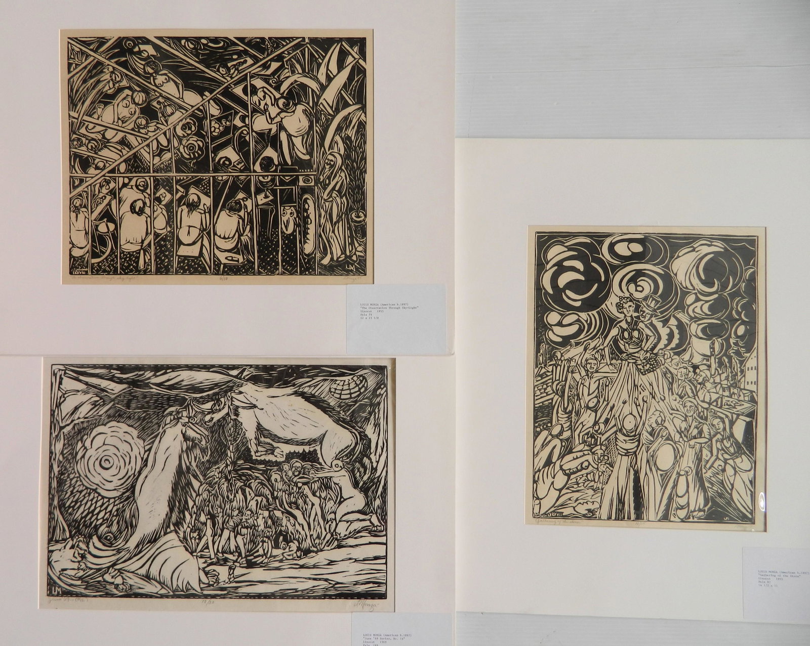 3 Louis Monza linocuts: Louis Monza (American 1897-1984)- 1). ''The Observation through Sky-Light'' (Fels 79), 1955, numbered 6/10 12 x 15 1/8'' 2). ''Gathering of the Storm'' (Fels 87), 1955, numbered 10/15 14 1/2 x 11'' 3)