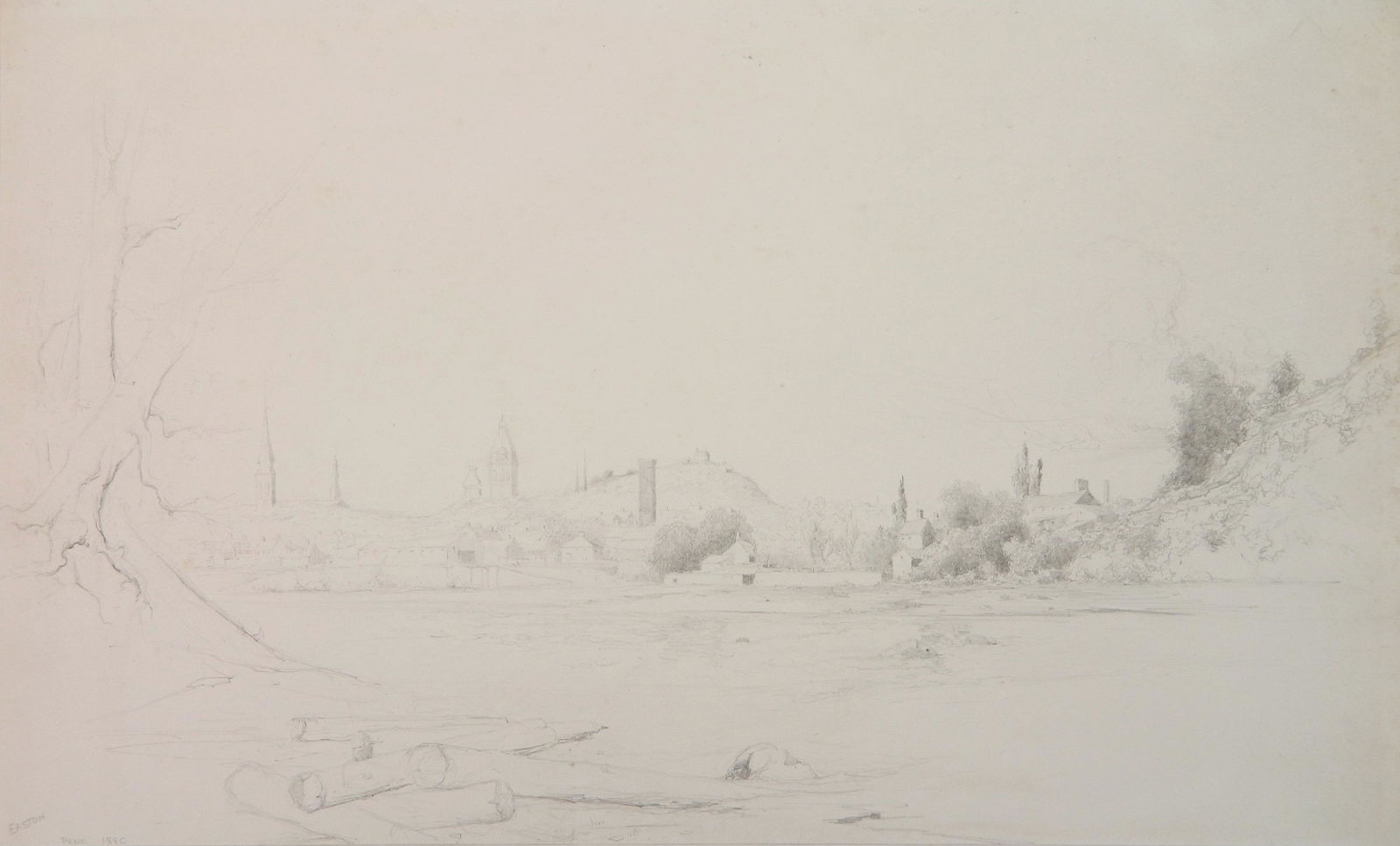 Stephen Parrish graphite: Stephen Parrish (American 1846-1938)- ''Easton, PA''- graphite on paper, 1880, estate stamp verso, very good condition. 13 1/2 x 21 1/2''