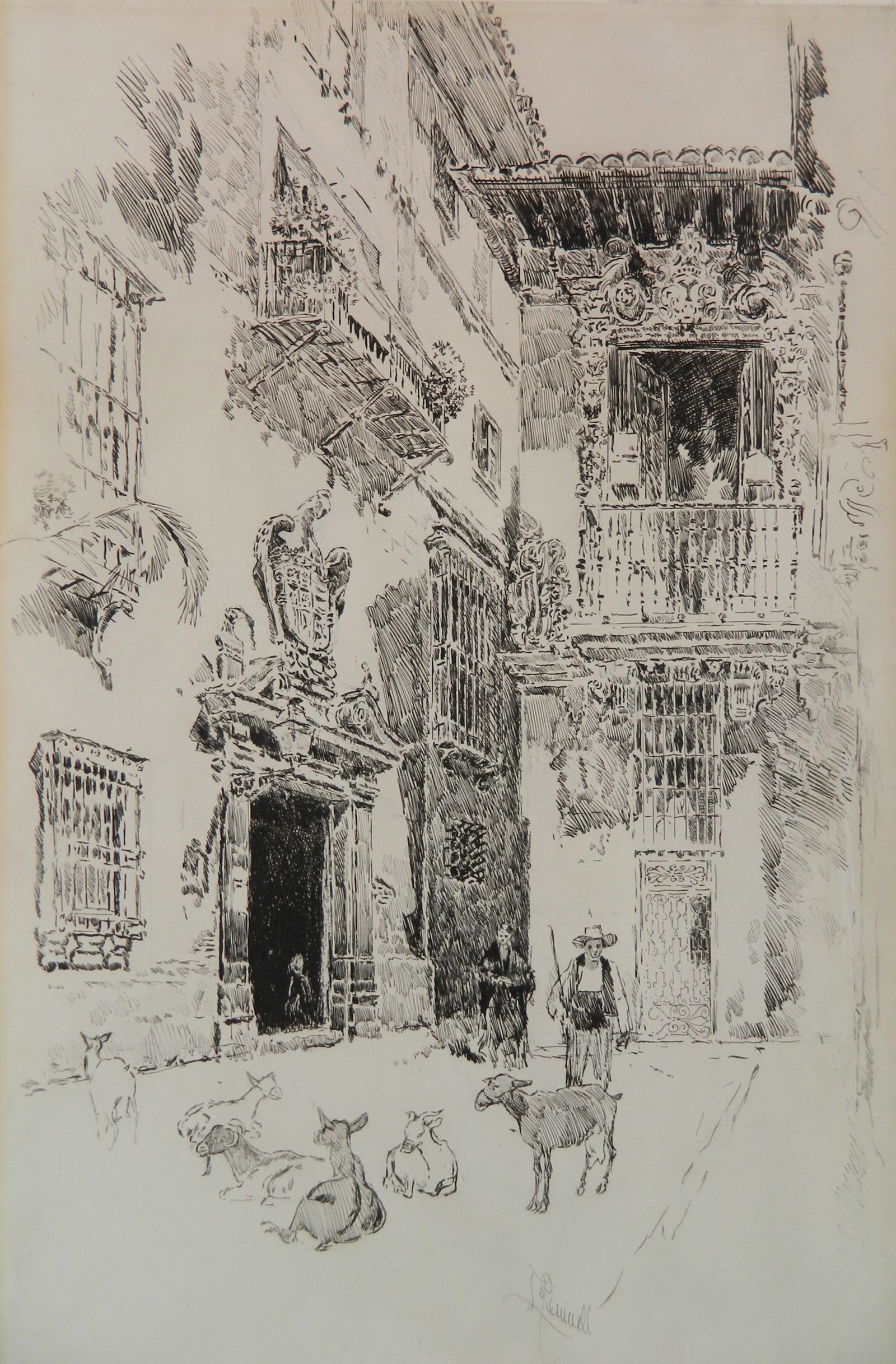 Joseph Pennell pen and ink: Joseph Pennell (American 1857-1926)- ''House of the Priests''- pen and ink on paper, signed in ink lower right, illustrated: Irving, Washington, ''The Alhambra'', 1896, toned edges, appears to have be