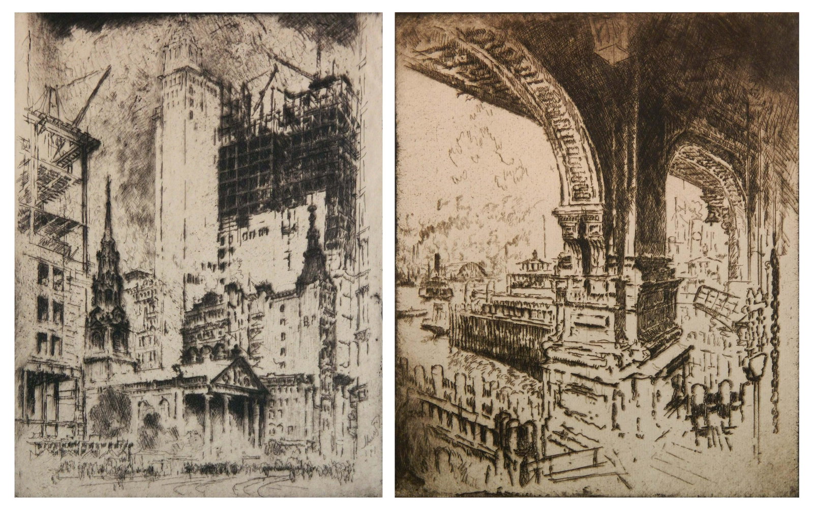 2 Joseph Pennell etchings: Joseph Pennell (American 1857-1926)- ''St. Paul, New York'' (Wuerth 678) & ''Within the Ferry, Cortlandt Street, New York'' (W. 700)- 2 etchings, 1915, 1919,, both signed in pencil, slightly light str