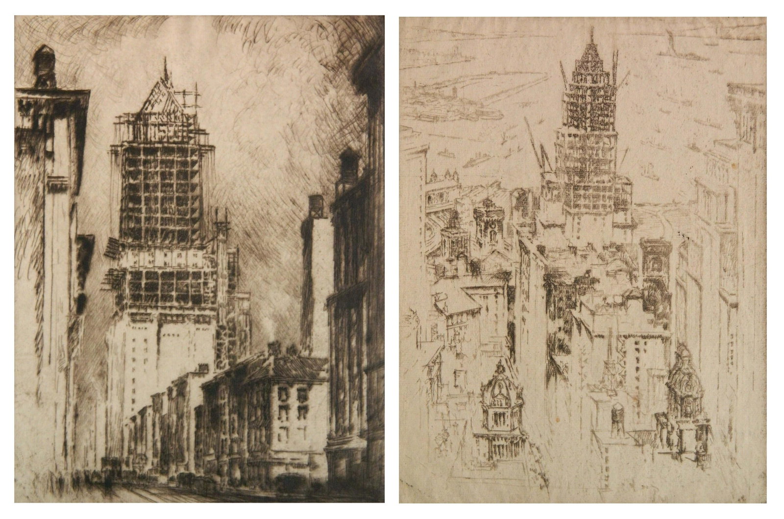 2 Joseph Pennell etchings: Joseph Pennell (American 1857-1926)- ''The Latest Tower'' (Wuerth 815) & ''Madison Ave'' (W. 811)- 2 etchings on laid paper, 1923, both signed in pencil, 'Tower' has some paper toning and minor foxing