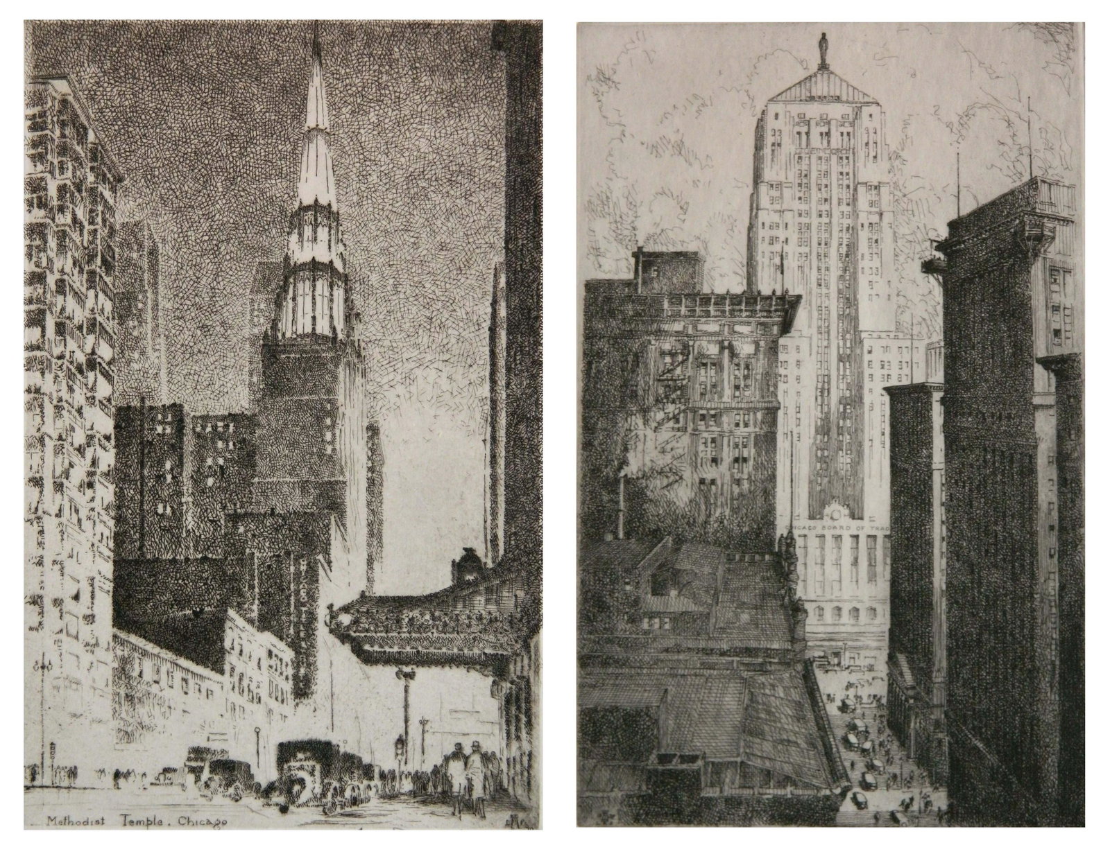 2 Leon Pescheret etchings: Leon Pescheret (American 1892-1971)- ''Methodist Temple, Chicago'' & ''Chicago Board of Trade''- 2 etchings, 1930, both signed in pencil, very good condition. 10 5/8 x 6 78''; 10 3/4 x 6 5/8''