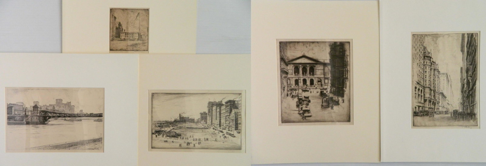 5 Otto J. Schneider prints: Otto J. Schneider (American 1875-1946)- 1). ''Grant Park''- etching and drypoint, 1917. 2). ''The Art Institute of Chicago''- etching, 1917 3). ''Chicago from the River No. 2''- lithograph, 1931 4). '