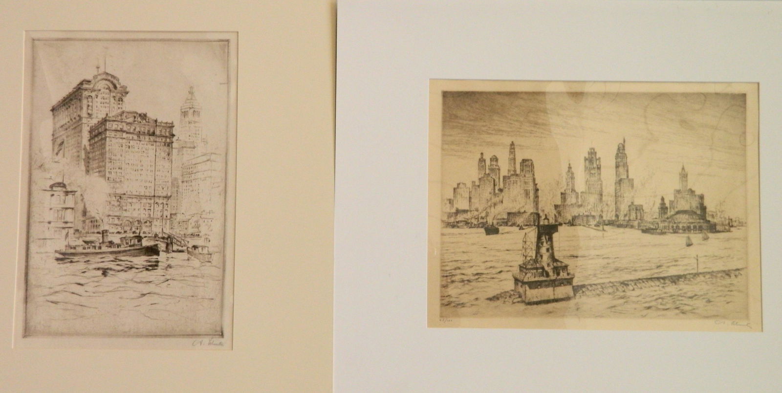 2 Anton Schutz etchings: Anton Schutz (American 1894-1977)- 1). ''Chicago Harbor''- etching, ca. 1930, signed and numbered 45/100 in pencil, creasing in lower left corner margin along edge. 8 3/4 x 10 3/4'' 2). ''Whitehall Bu