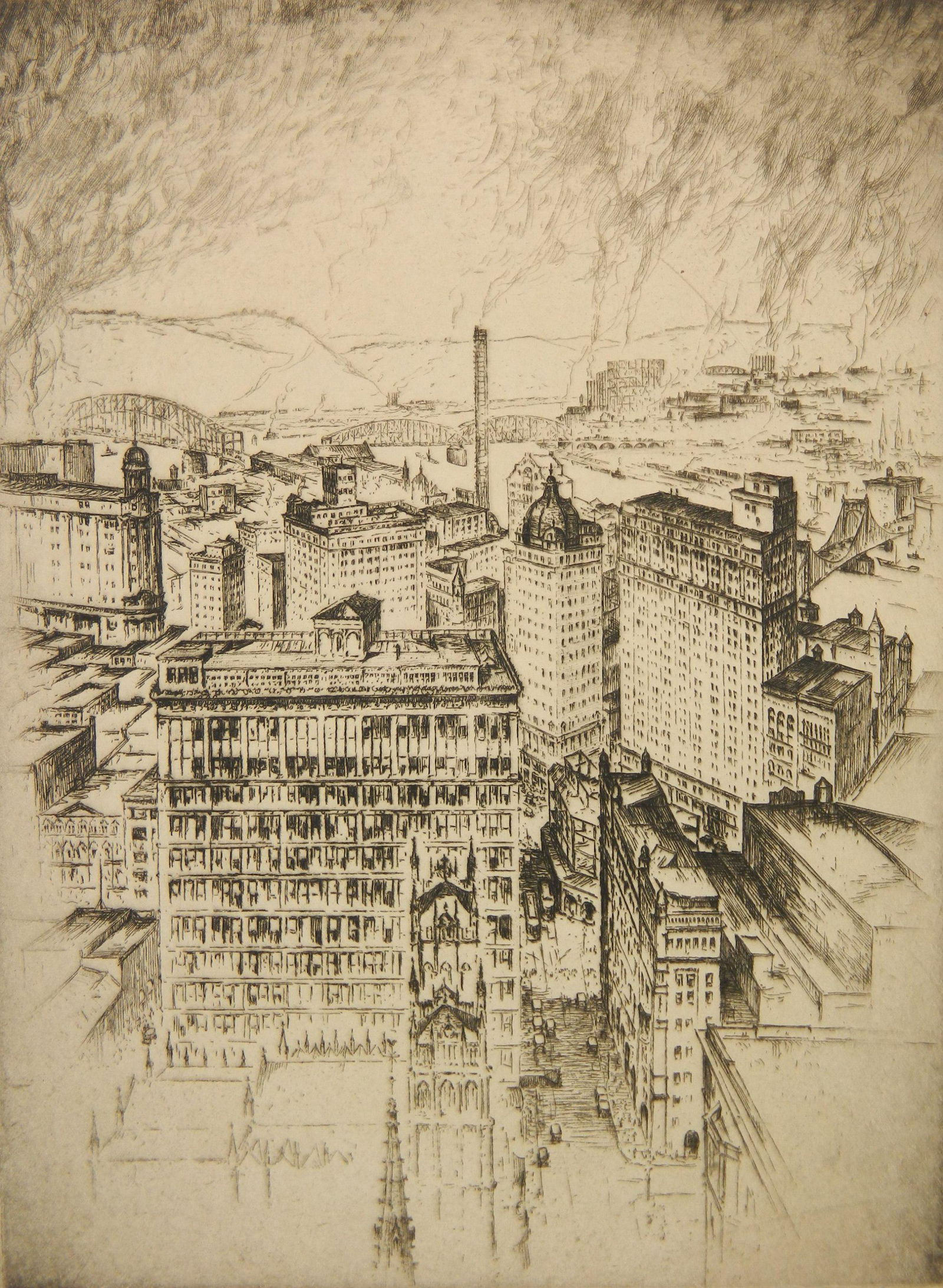 Anton Schutz etcching: Anton Schutz (American 1894-1977)- ''Spirit of Pittsburgh'', etching, signed in pencil, very good condition, 11 7/8 x 8 7/8''