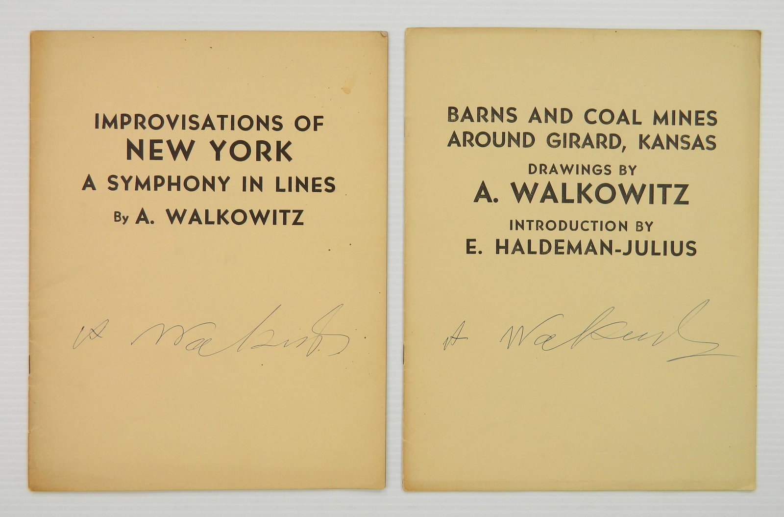 Walkowitz 2 books: Walkowitz, Abraham- ''Barns & Coal Mines Around Girard, Kansas''; ''Improvisations of New York, A Symphony in Lines''- Haldeman-Julius Publications, Girard, Kansas, 1947 and 1948, both signed by Abrah