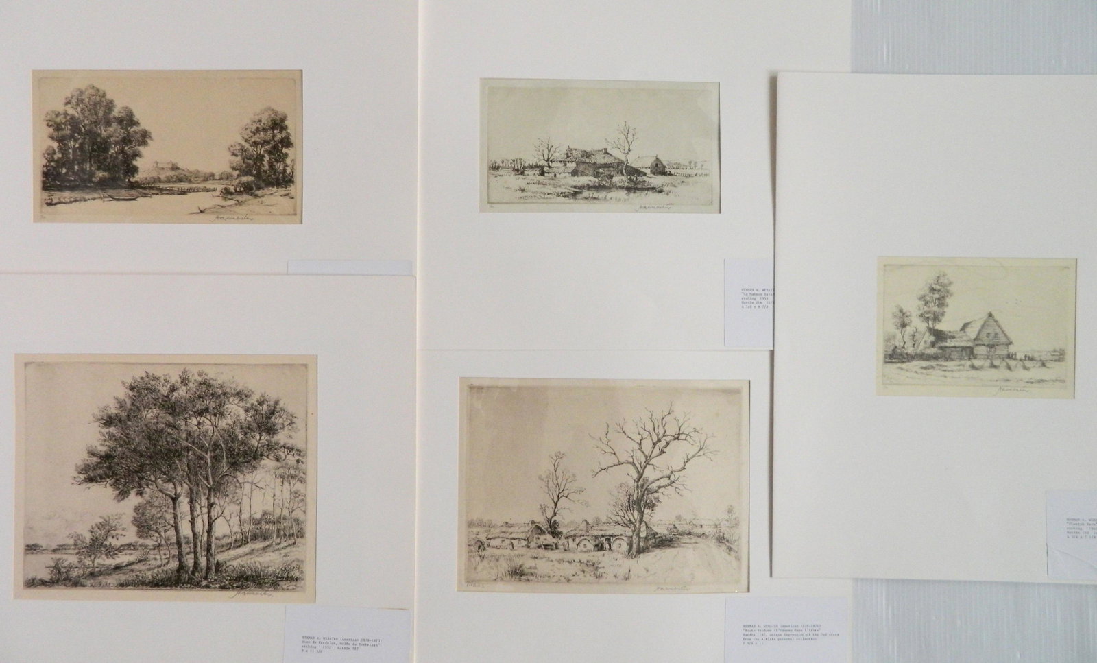 5 Herman Webster etchings: Herman A. Webster (American 1878-1970)- 1). ''Flemish Farm'' (Harddie 160iv)- etching, 1940, signed and numbered 1/11 in pencil. 4 3/4 x 7 1/8'' 2). ''Anse de Kerdelan, Golfe du Mortrihan'' (H. 182)- 