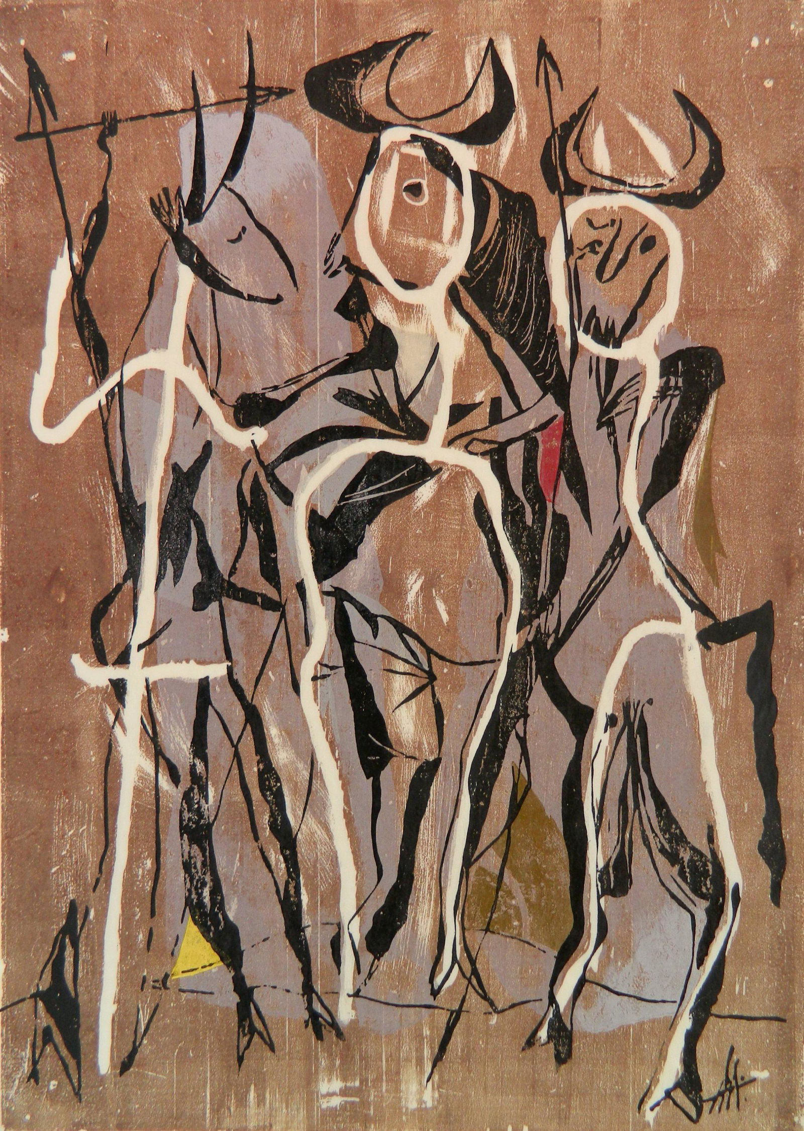 Adja Yunkers woodcut: Adja Yunkers (American 1900-1983)- ''The Gathering of the Clans''- woodcut in colors, 1952, signed, dated and titled in pencil, edition of 95, very good condition. 19 x 13 3/8''