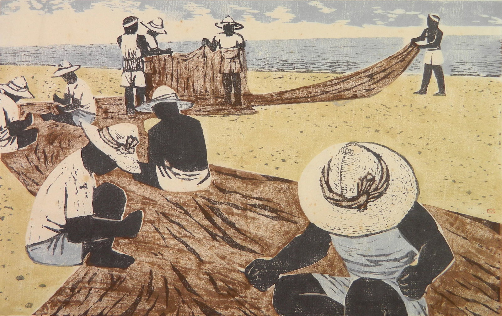 Y. Murakami woodcut: Y. Murakami (Japanese 20th c.)- Workers in the Field- woodcut in colors, 1958, signed and numbered 1/10 in pencil, old masking tape residue around edges otherwise good condition. 17 1/2 x 27 3/4''