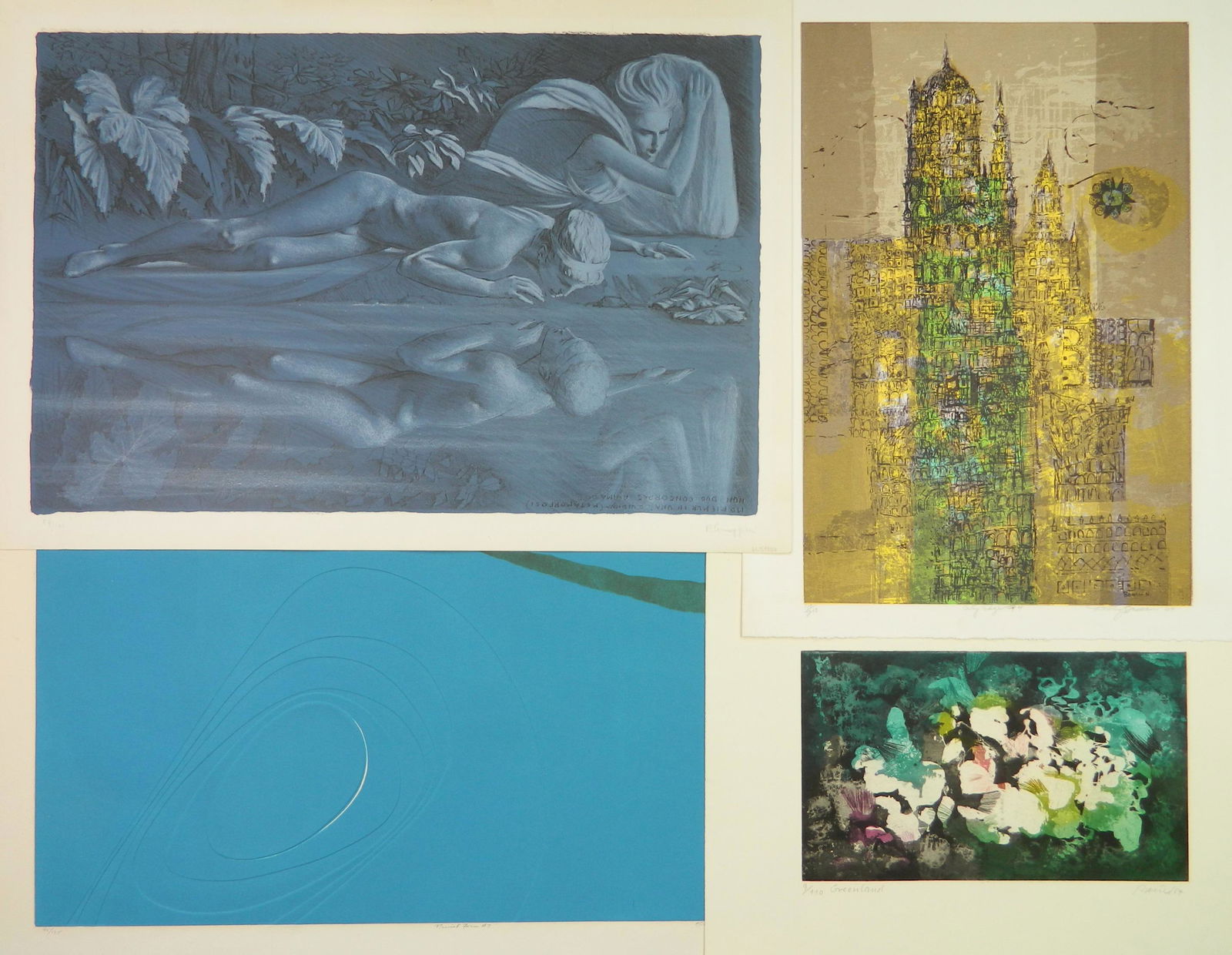 4 20th c. prints: 4 20th c. prints. 1). Beatrice Berlin- ''Priimal Form 7''- relief intaglio in color, 1970, signed, titeld, dated and numbered 95/125 in pencil. 2). Dorothy Bowman- ''City Edge #4''- silkscreen in colo