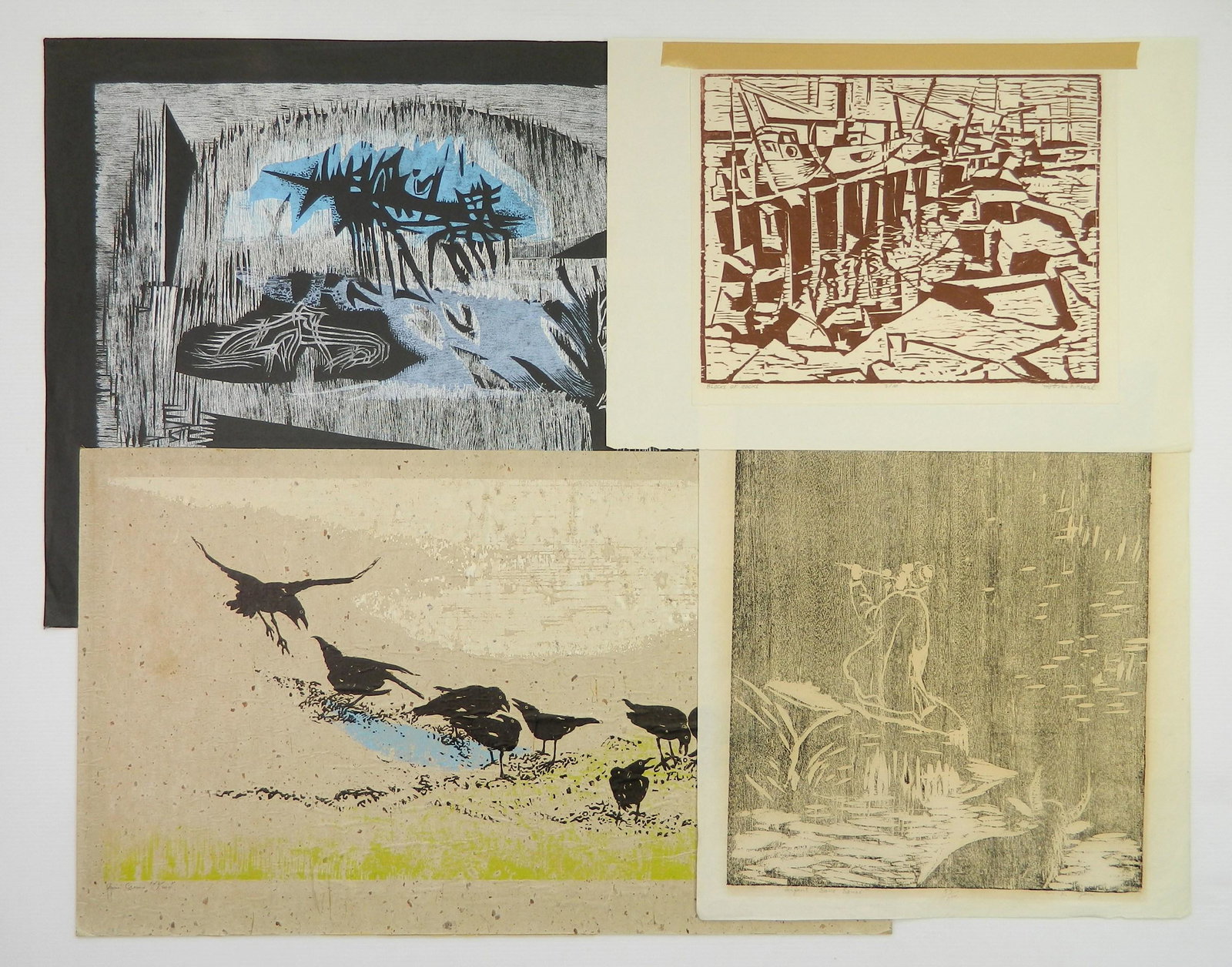 4 20th c. Woodcuts: 4 20th c. woodcuts 1). W. Day- ''Mandala''- signed, titled and numbered 77/200. 2). W. S. Gau- ''L'Enfant san Souei''- signed, titled and numbered 53/200 in pencil. 3). Krause- ''Crows''- 1961, signed