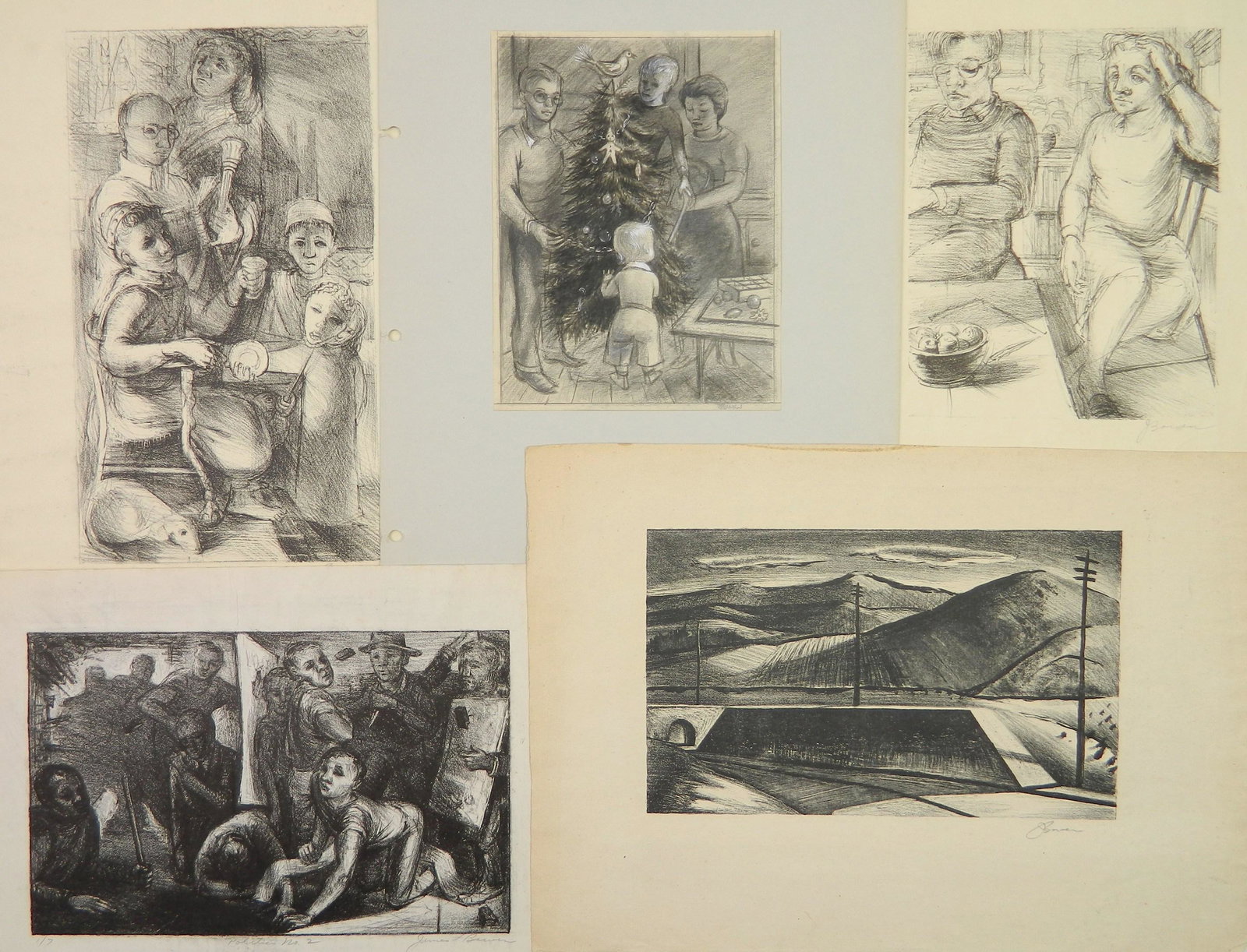 4 James Bowen lithographs and a drawing: James Bowen (American 20th c.)- 1). Family and Christmas Tree- graphite on paper. 2). ''Politics No. 2''- lithograph, numbered 1/7 3). Landscape- lithograph 4). Family- lithograph 5). Two Figures Sitt
