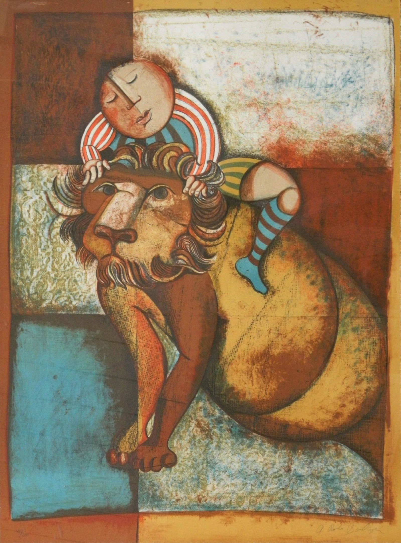 Graciela Rodo Boulanger lithograph: Graciela Rodo Boulanger (Bolivian 1935- )- ''Leo''- lithograph in color with embossing, 1976, signed and numbered 43/200 in pencil, from the Zodiac series, laid down. 29 3/4 x 22''