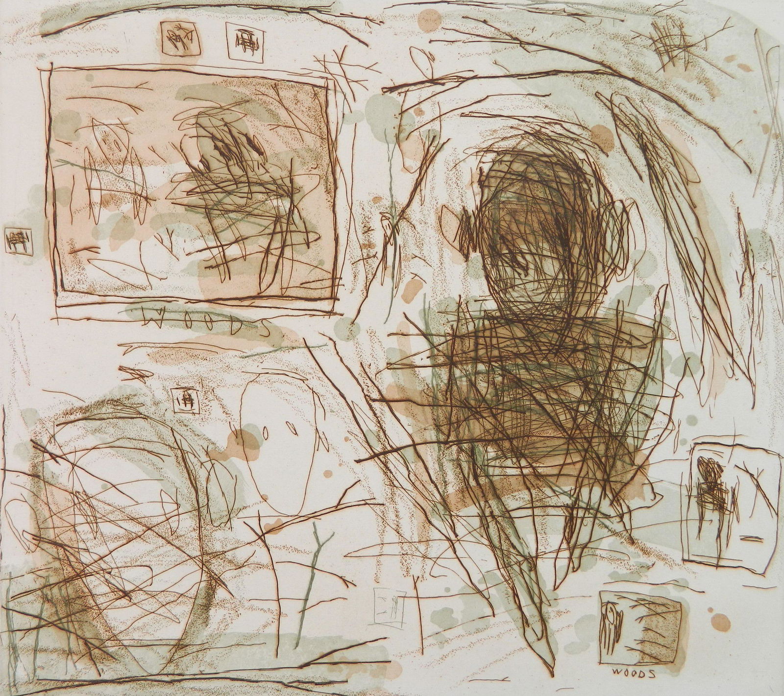 Louisa Chase etching: Louisa Chase (American 1951-2016)- ''Woods''- etching in colors, 1985, signed, dated, titled and annotated '1/6 A.P.' in pencil, very good condition. 17 3/4 x 19 3/4''