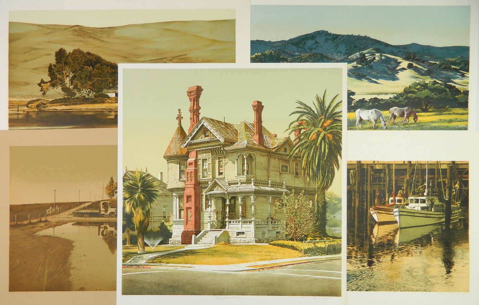 Merv Corning 5 lithographs: Merv Corning (American 1926-2006)- 5 lithographs in color- 1.) ''Figueroa''- 1979, signed titled in pencil, edition of 300, 24 7/8 x 23 7/8''; 2.) ''Lost Hills Ranch''- 1979, signed, numbered 18/60 an