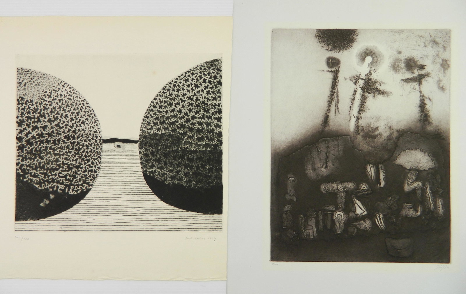 Jiri John 2 drypoints: Jiri John (Czech 20th c.)- ''The Coast''; Untitled- 2 drypoints, 1969, both signed, dated and numbered, 73/100 and 100/100, in pencil, 'The Coast' light struck otherwise good condition, 'Untitled' wit