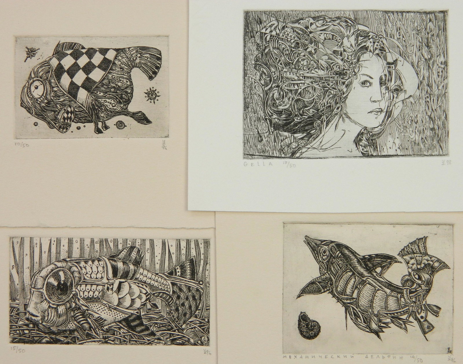 4 Sergey Kozachenko etchings: Sergey Kozachenko (Ukraine 1963- )- Untitled- 4 etchings, 1996, all initialed, dated and numbered in pencil, editions of 50, very good condition. 2 3/4 x 3 7/8''