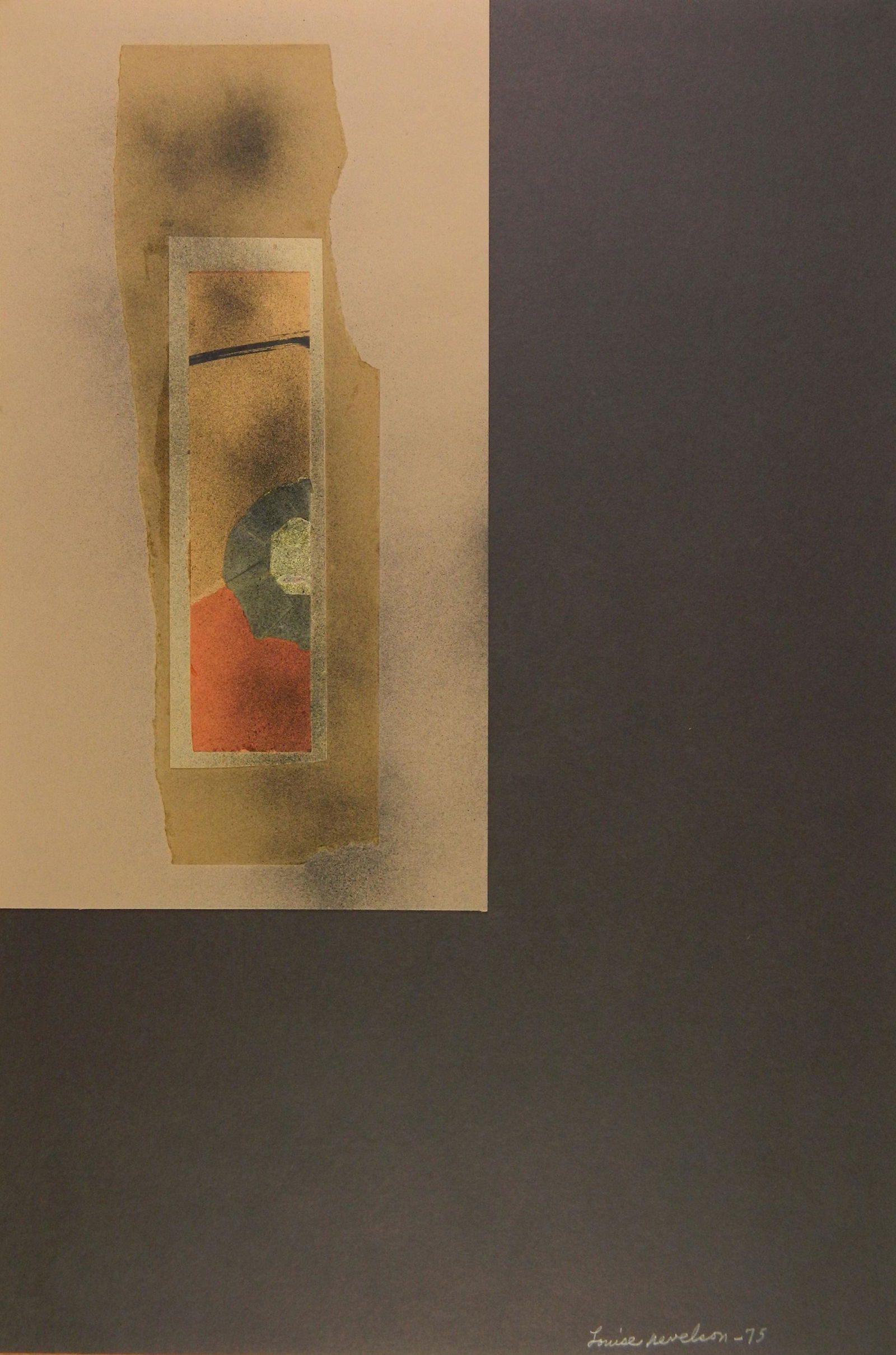 Louise Nevelson collage: Louise Nevelson (American 1899-1988)- Untitled- mixed media collage, 1975, signed and dated Louise Nevelson -75 in pencil. 29 3/4 x 19 1/4'' ' Provenance: Pace Gallery, Columbus, Ohio.