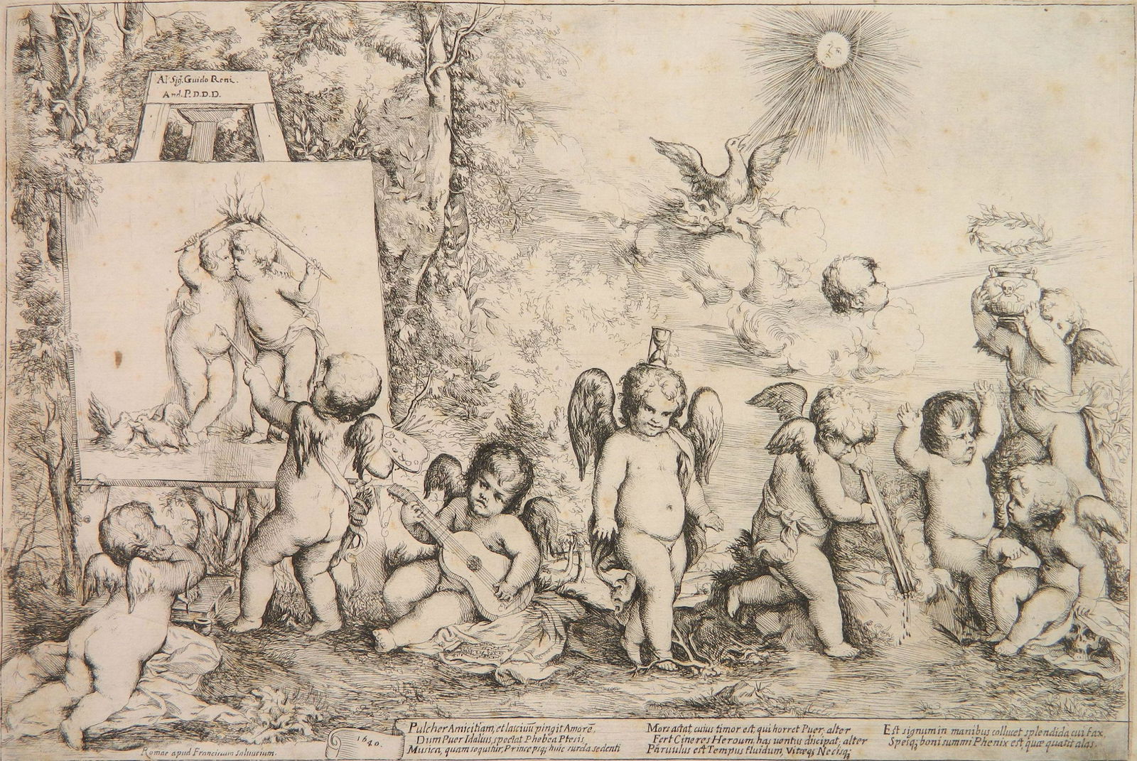 Giovanni A. Podesta engraving: Giovanni Andrea Podesta (Italian 1608-ca. 1674)- ''Allegory of the Arts and time'' (Bartsch 5)- engraving, 1640, has dedication to Guido Reni, foxing, soiling and staining throughout, some repaired te