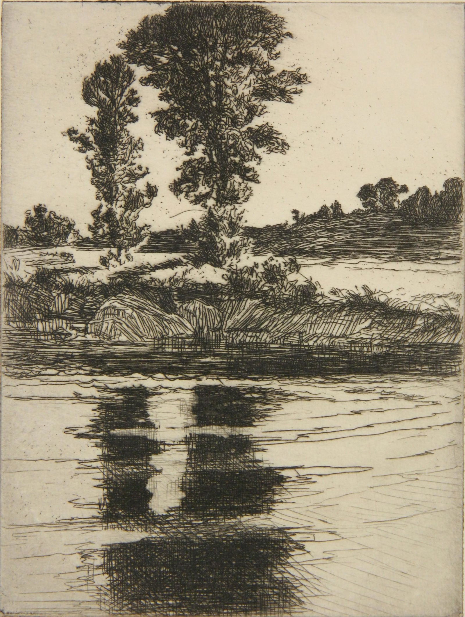 Frank Benson etching: Frank Benson (American 1862-1951)- ''The Pool'' (Paff 208)- etching, 1921, signed in pencil, edition of approximately 30, good condition. 5 7/8 x 4 3/8''