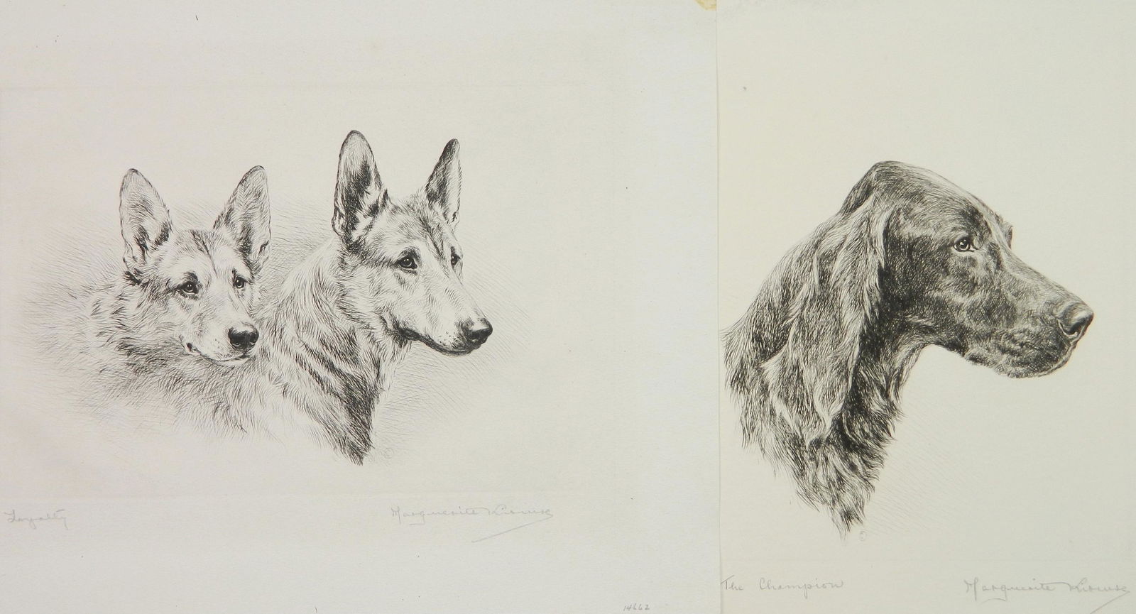 2 Marguerite Kirmse etchings: Marguerite Kirmse (American 1885-1954)- ''The Champion'' & ''Loyalty''- 2 etchings, both signed and titled in pencil, good condition. 9 1/2 x 7 1/2''; 7 1/4 x 10 3/8''