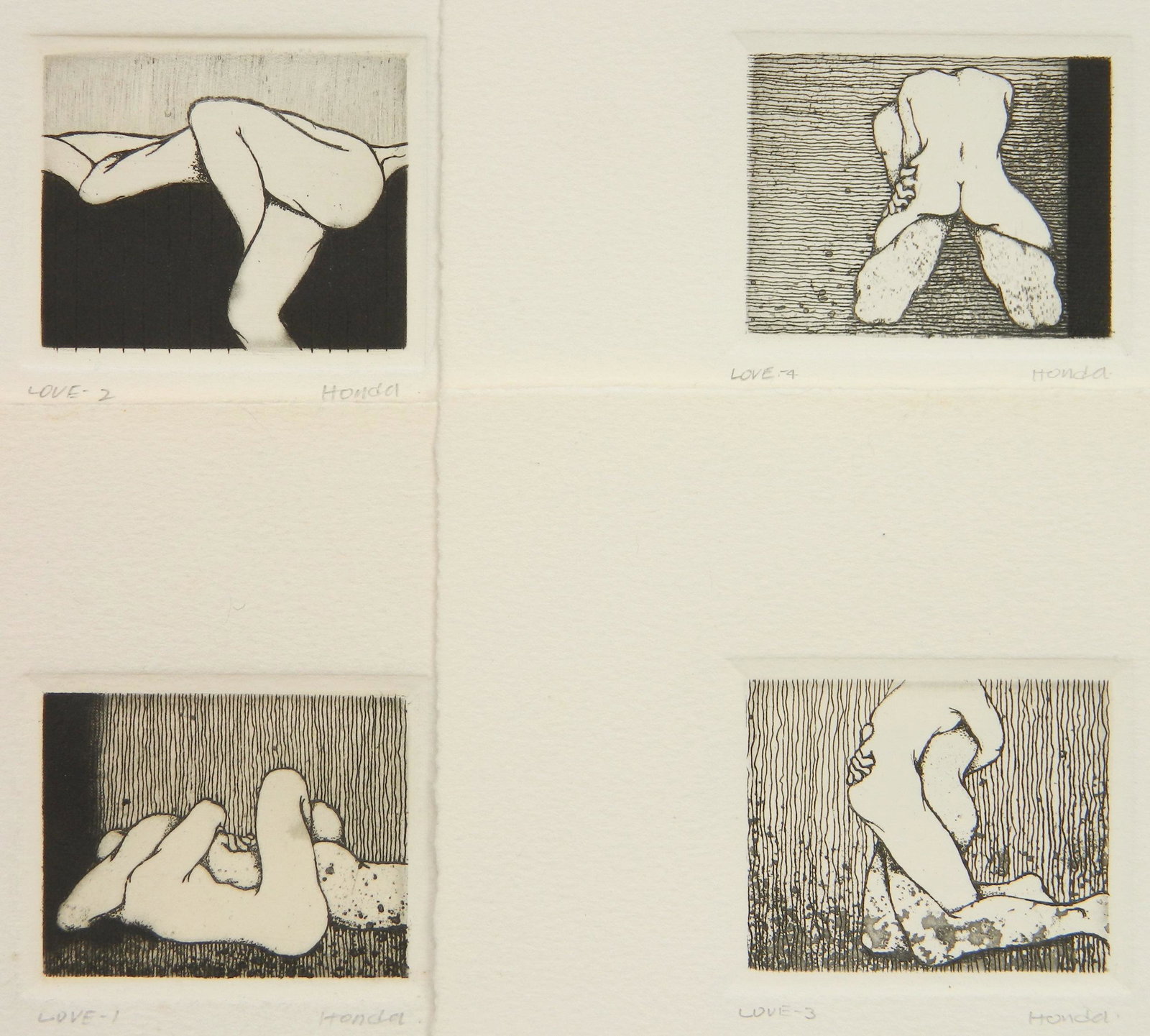 4 Kazuhisa Honda etchings and mezzotints: Kazuhisa Honda (Japanese 1948- )- ''Love I- 4''- 4 etchings and mezzotints, all signed and titled in pencil, very good condition. 2 x 2 1/2'' ea.