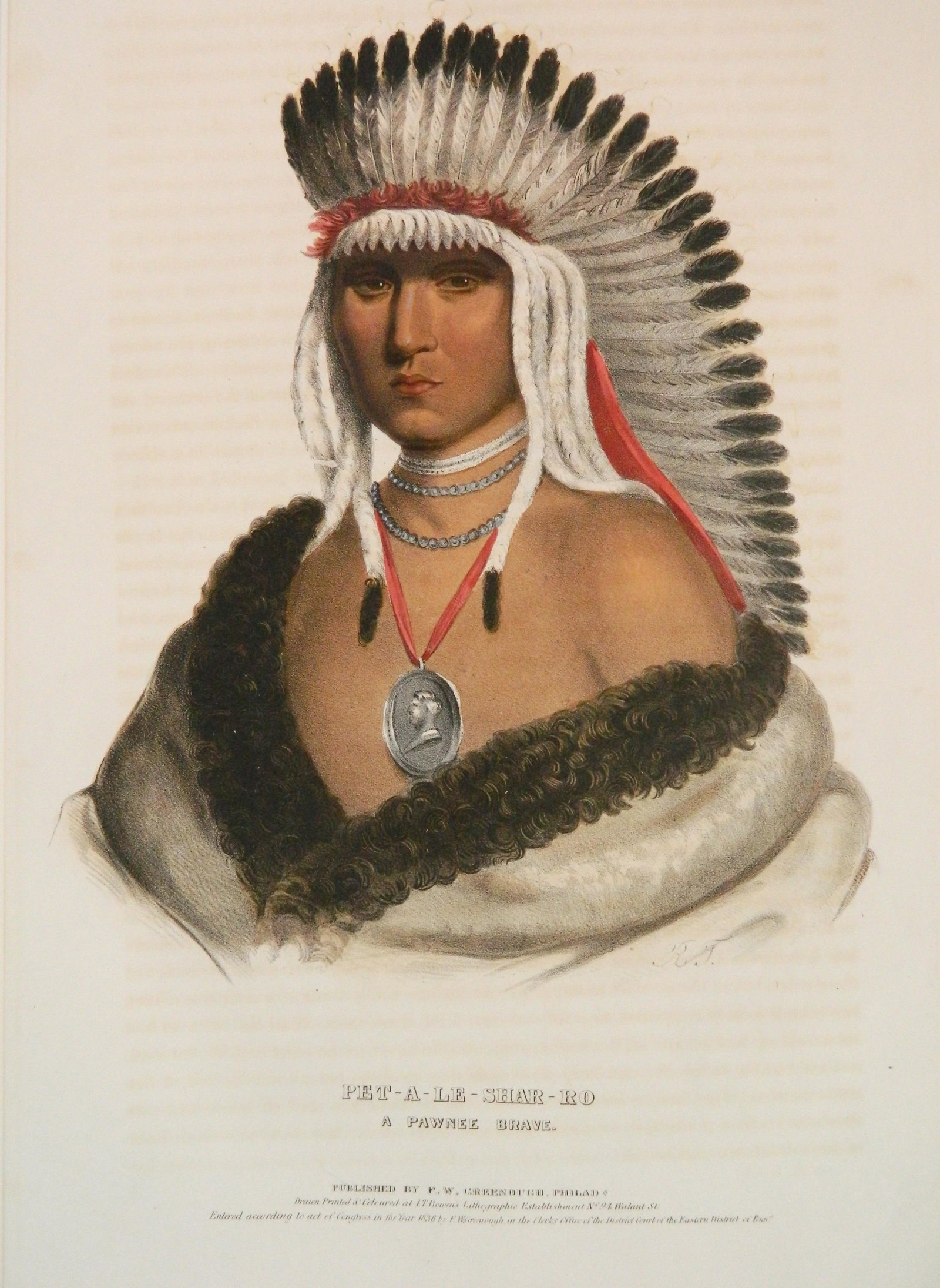Mc Kenney & Hall lithograph: after Charles Bird King (American 1785-1862)- ''Pet-A-Le-har-Ra/ A Pawnee Brave''- lithograph with hand-coloring, 1838, published by F. W. Greenough, from Mc Kenney & Hall- 'History of the Indian Trib