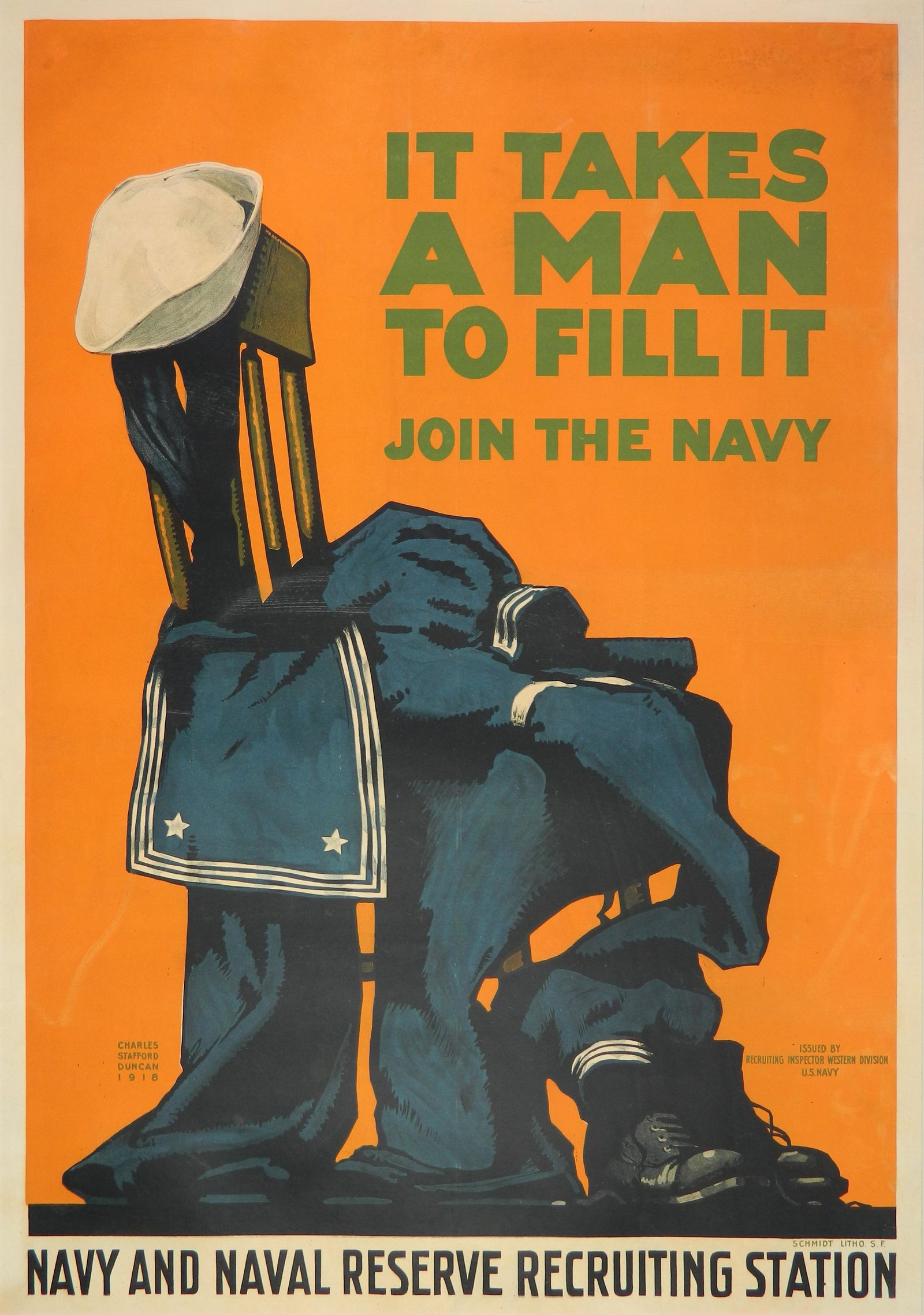 C. S. Duncan WWI navy poster: Rare WWI navy poster, designed by Charles Stafford Duncan (American 1892-1952)- "It Takes a Man to Fill It"- lithographic poster in colors, 1918, printed and distributed only on the West coast (Paret 