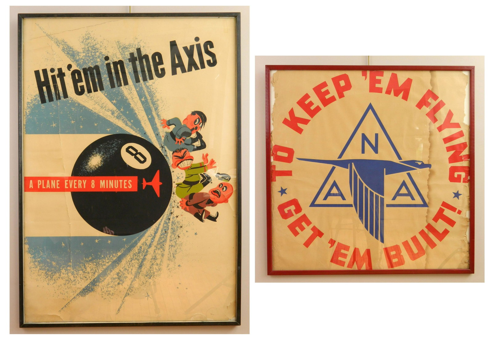 2 World War II poster: 2 World War II lithographic posters- ''Hit Em in the Axis/ A Plane every 8 Minutes'' together with a second poster- ''To Keep Em Flying/ NAA/ Get Em Built'', both have handling creases and soiling, se