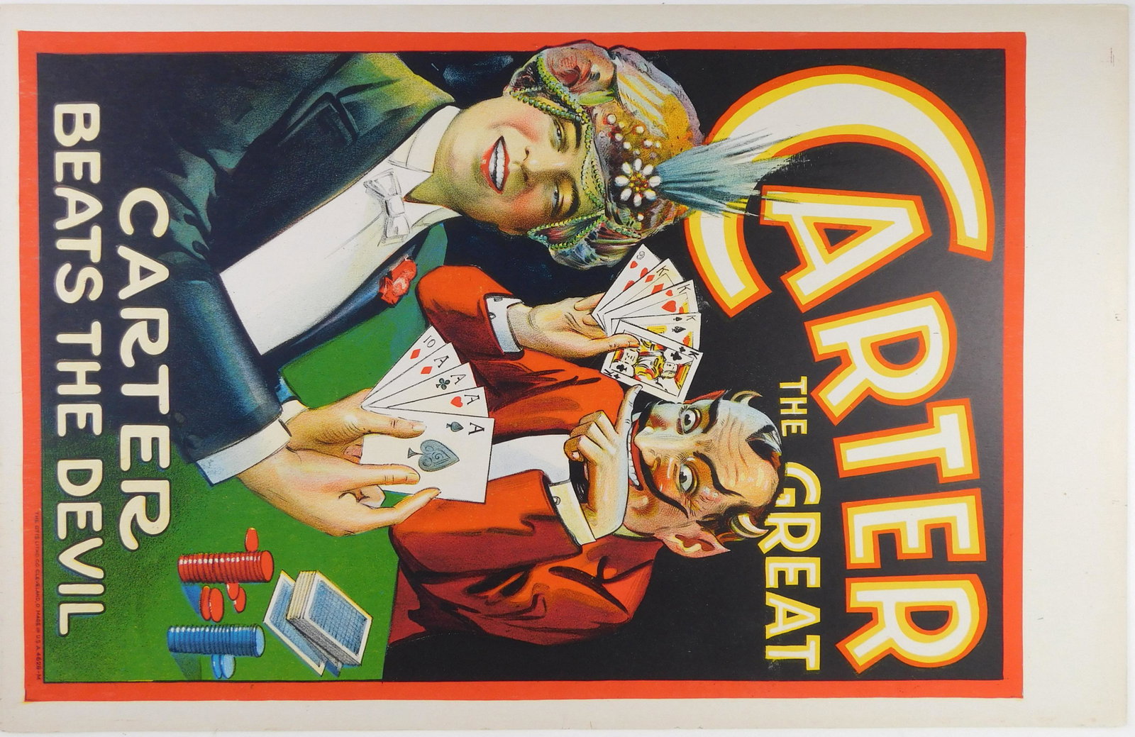 Carter the Great window card: Carter, Charles- ''Carter the Great/ Carter Beats the Devil''- Otis lithography, Cleveland, OH, ca, 1930, lithograph window card depicting Carter holding the winning hand against Mephistophees, good c