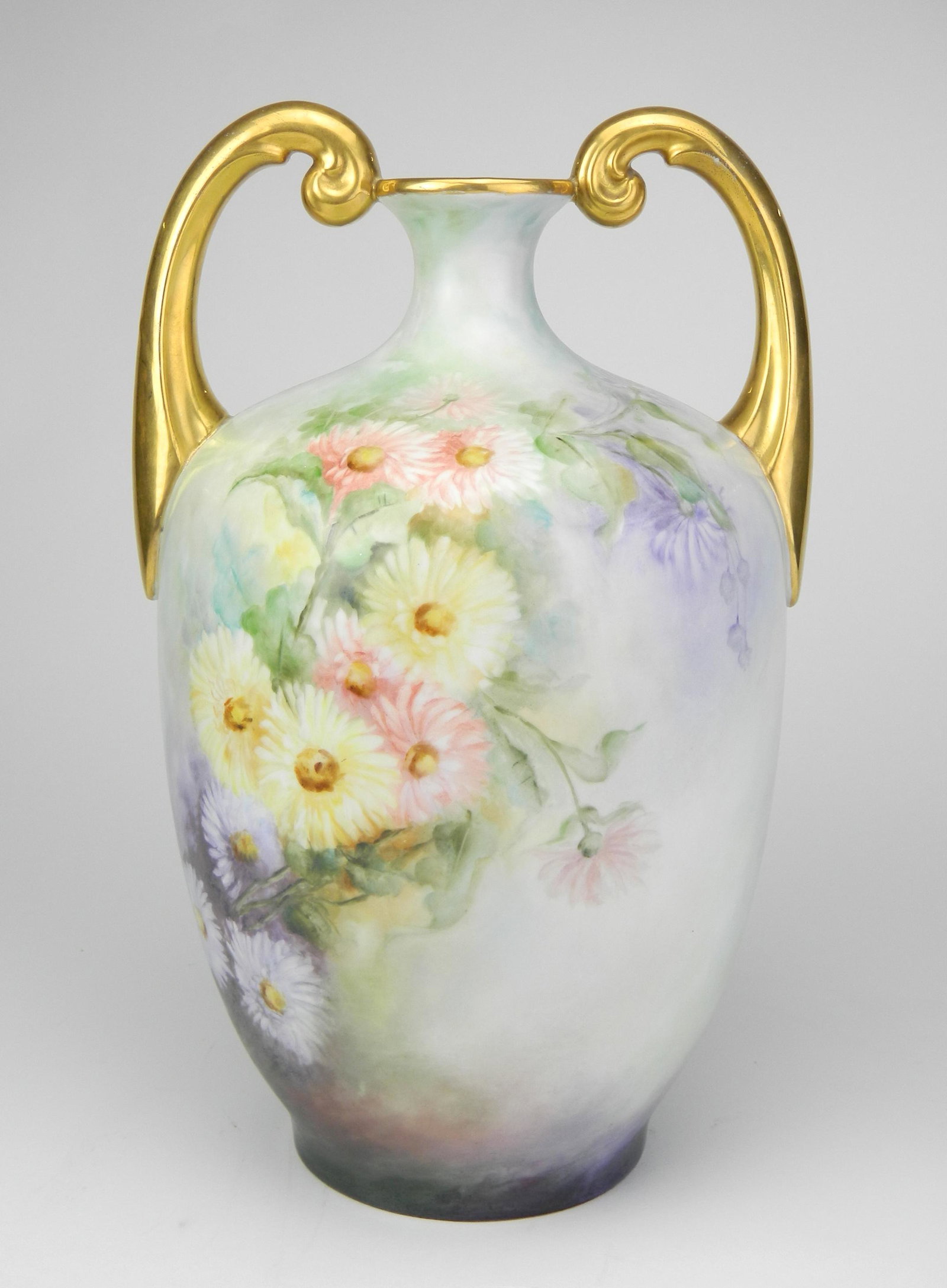 J & P French Limoge vase: J & P French Limoge vase, 2 handled, 1904, Jean Pouyat Limoge, hand-painted, daisy motif on a mottled ground, artist signed F. A. Way and marked, gilt handles and trim. 13 1/4''h