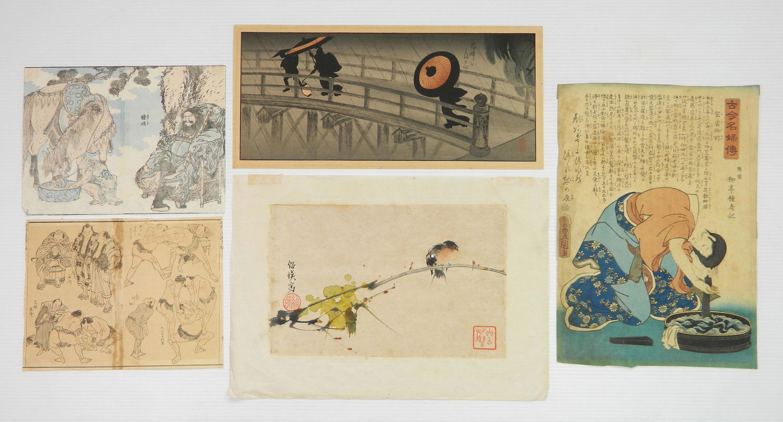 5 Asian works on paper: 5 Asian works on paper- 1.) Toyokuni III Utagawa- Kesa Gozen- woodblock in color, from 'Biographies of Famous Women, Ancient and Modern (Kokon meifu den), 13 7/8 x 9 3/4'' (sheet); 2.) Japanese School
