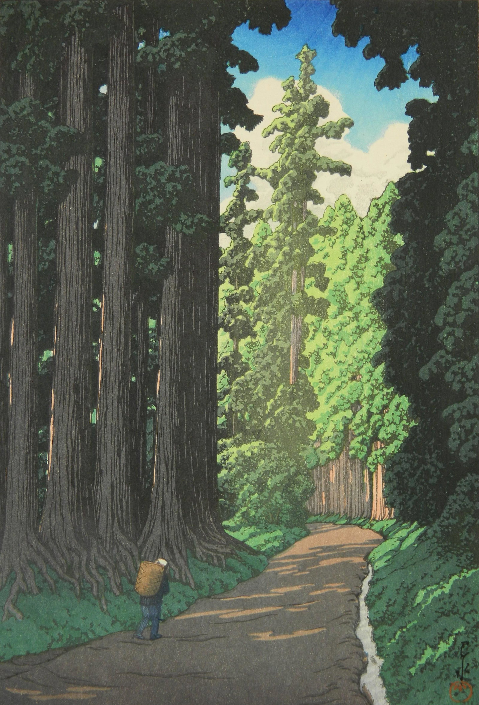 Hasui Kawase woodblock: Hasui Kawase (Japanese 1883-1957)- Nikko Kaido- woodblock in color, 1930, from series 'One Hundred Views of New Tokyo'. 14 3/8 x 9 1/2''