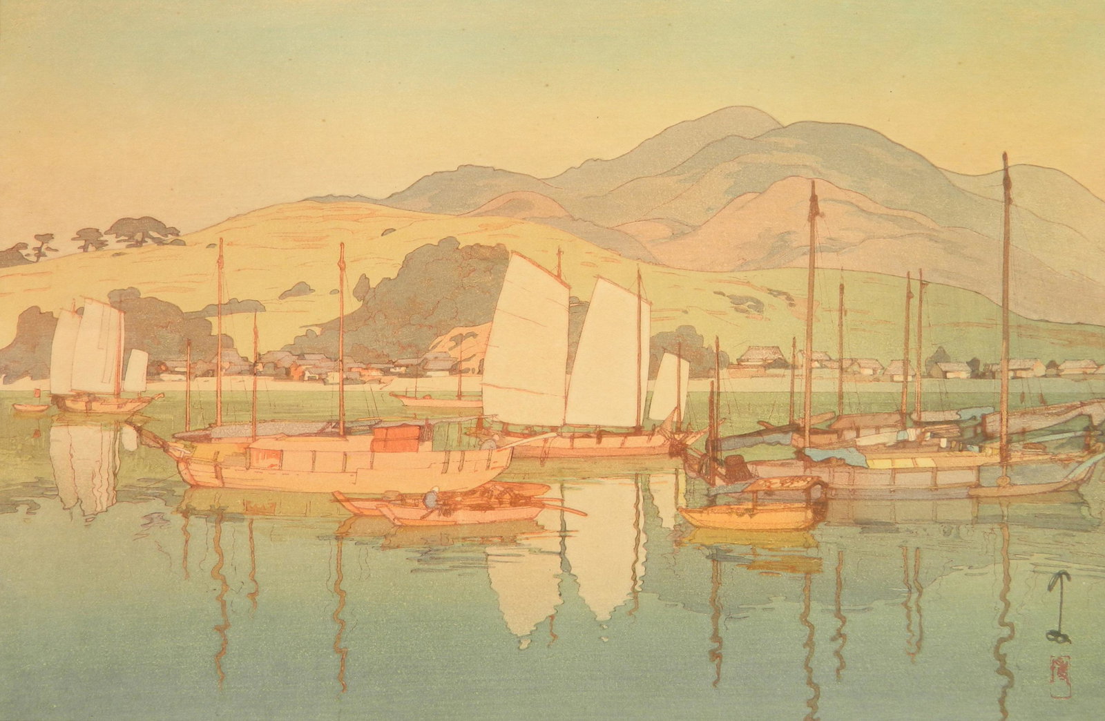 Hiroshi Yoshida woodblock: Hiroshi Yoshida- ''Waiting For The Tide''- woodblock in color, 1930, signed in pencil, with jizuri mark in left margin, slightly light struck and faded, paper age toned, minor foxing. 9 11/16 x 14 7/8