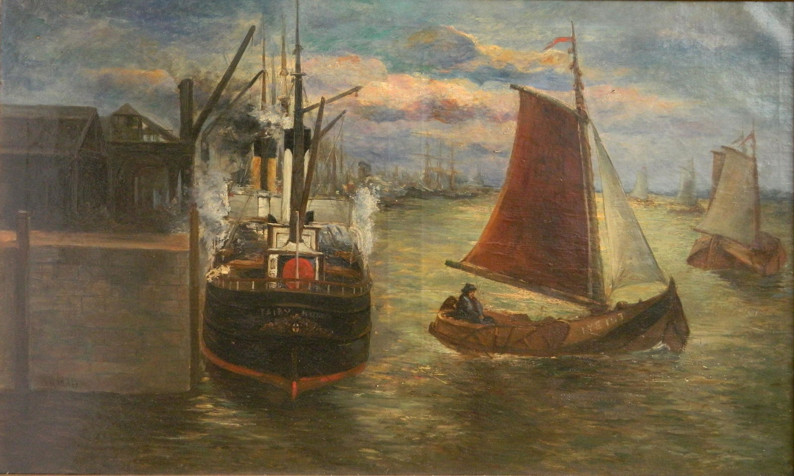 John Rose Miles oil: John Rose Miles (British 19/20th c.)- Harbor Scene- oil on canvas, signed J. R. Miles, framed, frame as is. 24 x 38''